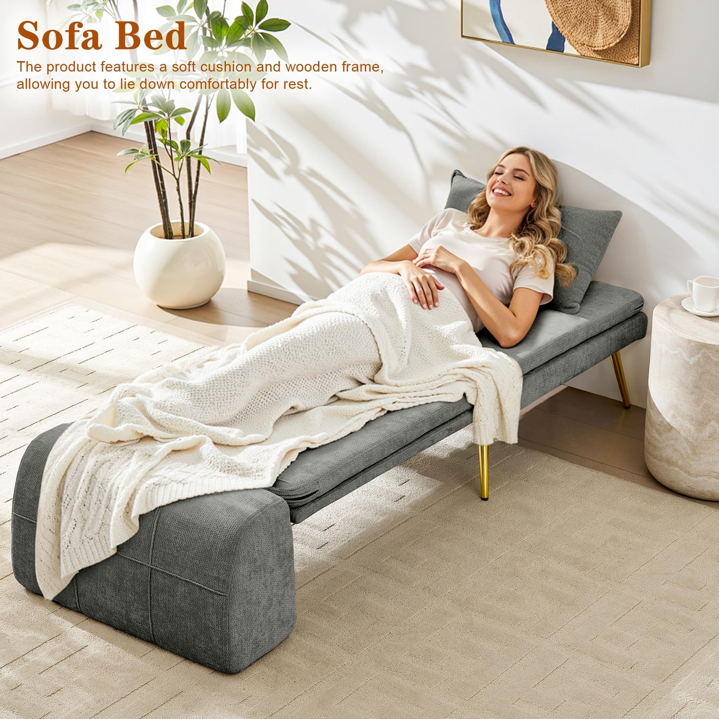 wanan Sleeper Chair, 3-in-1 Chair Bed Sleeper for Adults, Futon Sofa Bed with Back Support & Pillow, Solid Wood Frame & Sturdy Metal Legs for Living Room, Bedroom, Gray