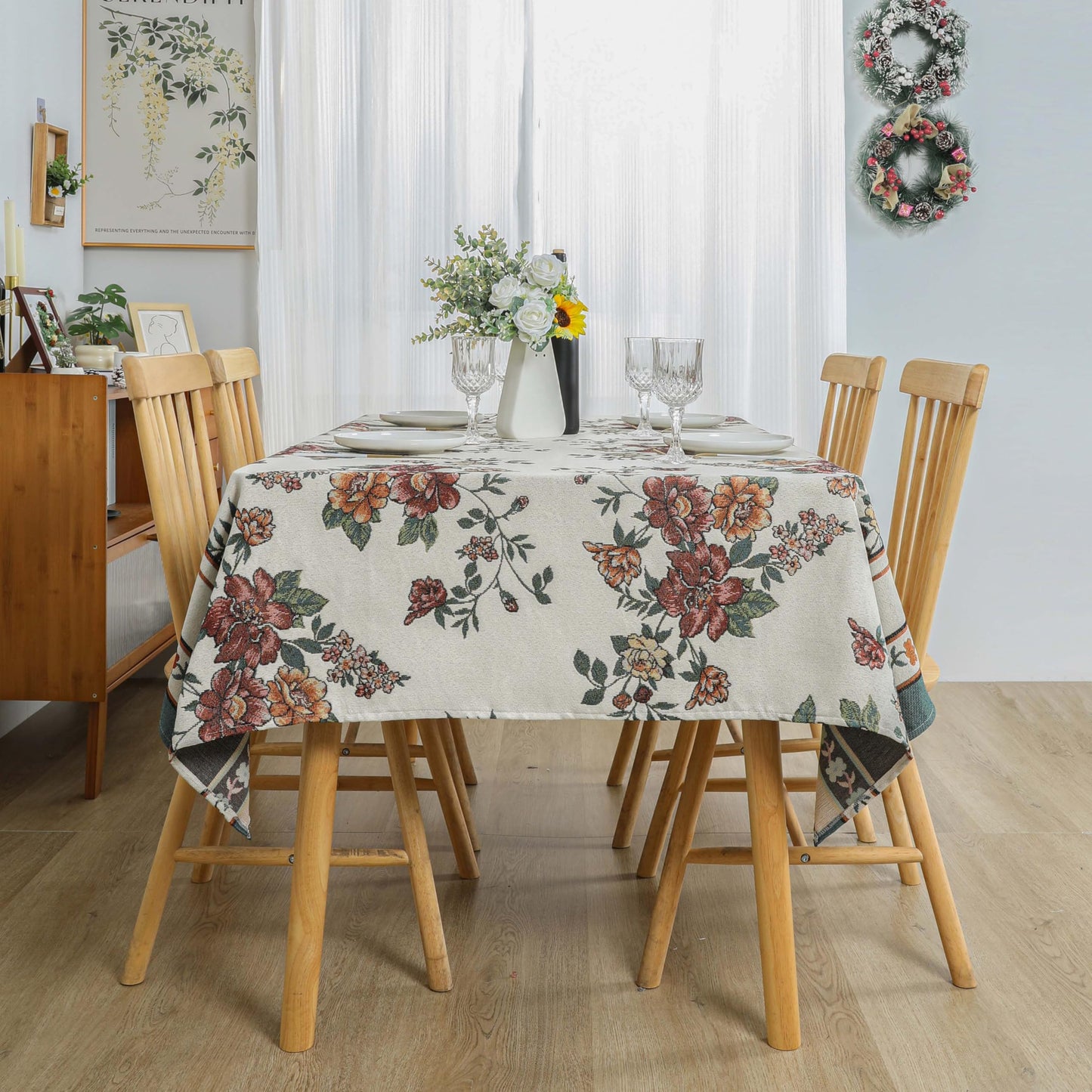 Dimatic Cotton and Linen Rectangular Tablecloth with Botanical Elements for Desks, Dining Tables, Home Table Cloths, Party and Holiday Decorations, Red 55 x 94 Inches
