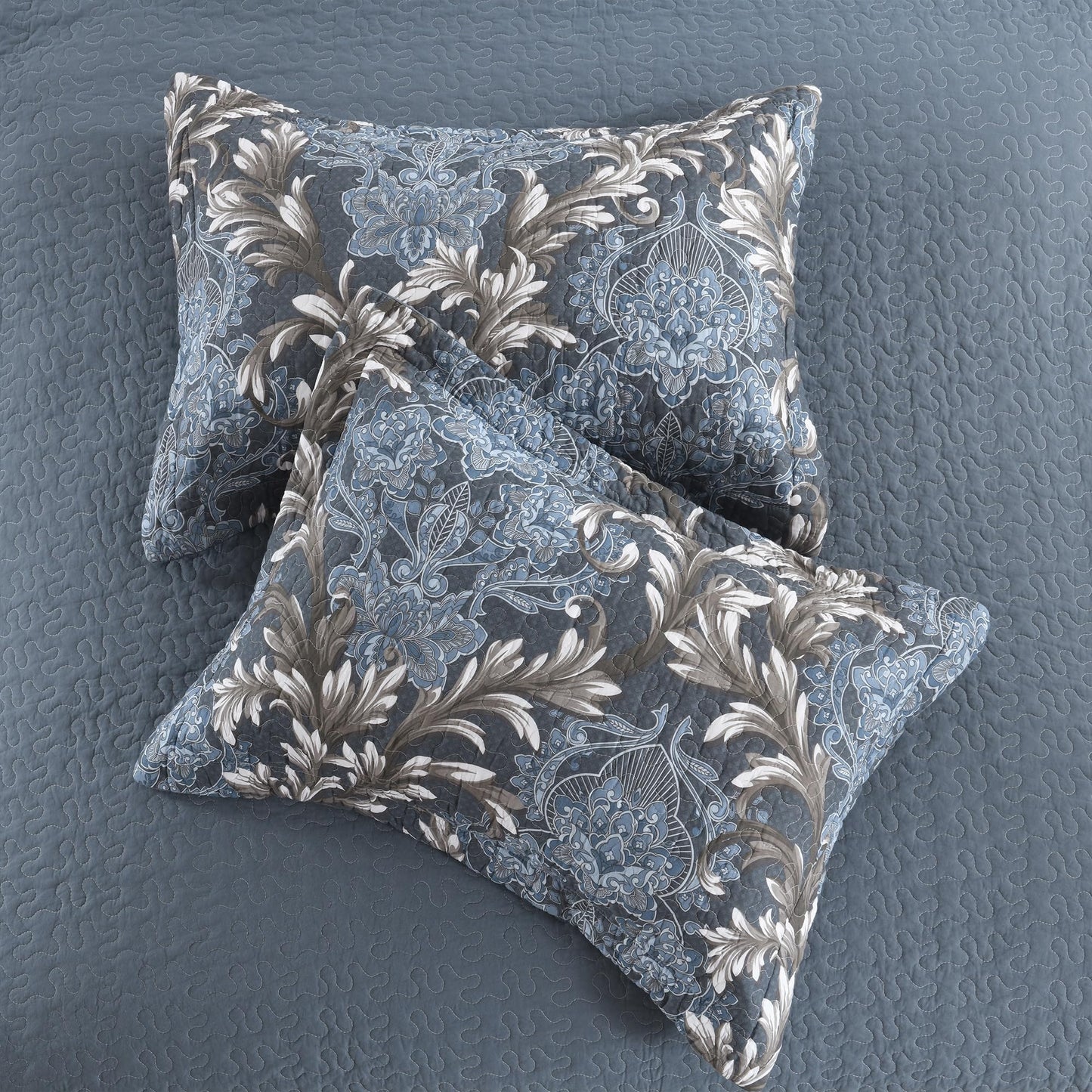 BCOTTOND King Size Quilt Set - Blue Gray and White Quilt Set King, 100% Cotton Floral Bedspread Set 3 Piece, Traditional Elegant Lightweight Comforter, Reversible Quilt Bedding Set for All Season