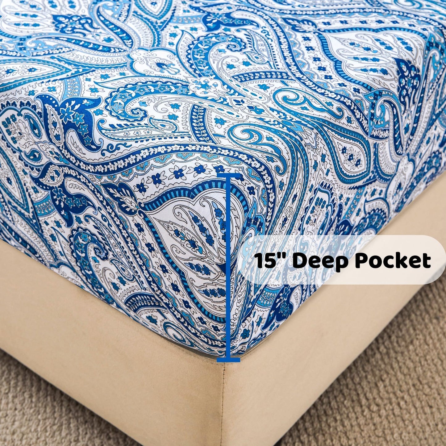 Softan Blue Paisley Printed Queen Size Sheet Set, Blue Floral Sheets Queen, Cozy Microfiber Fitted Sheet with 15" Deep Pocket & Non-Slip Straps, Flower Patterned Sheets & Pillowcase Sets