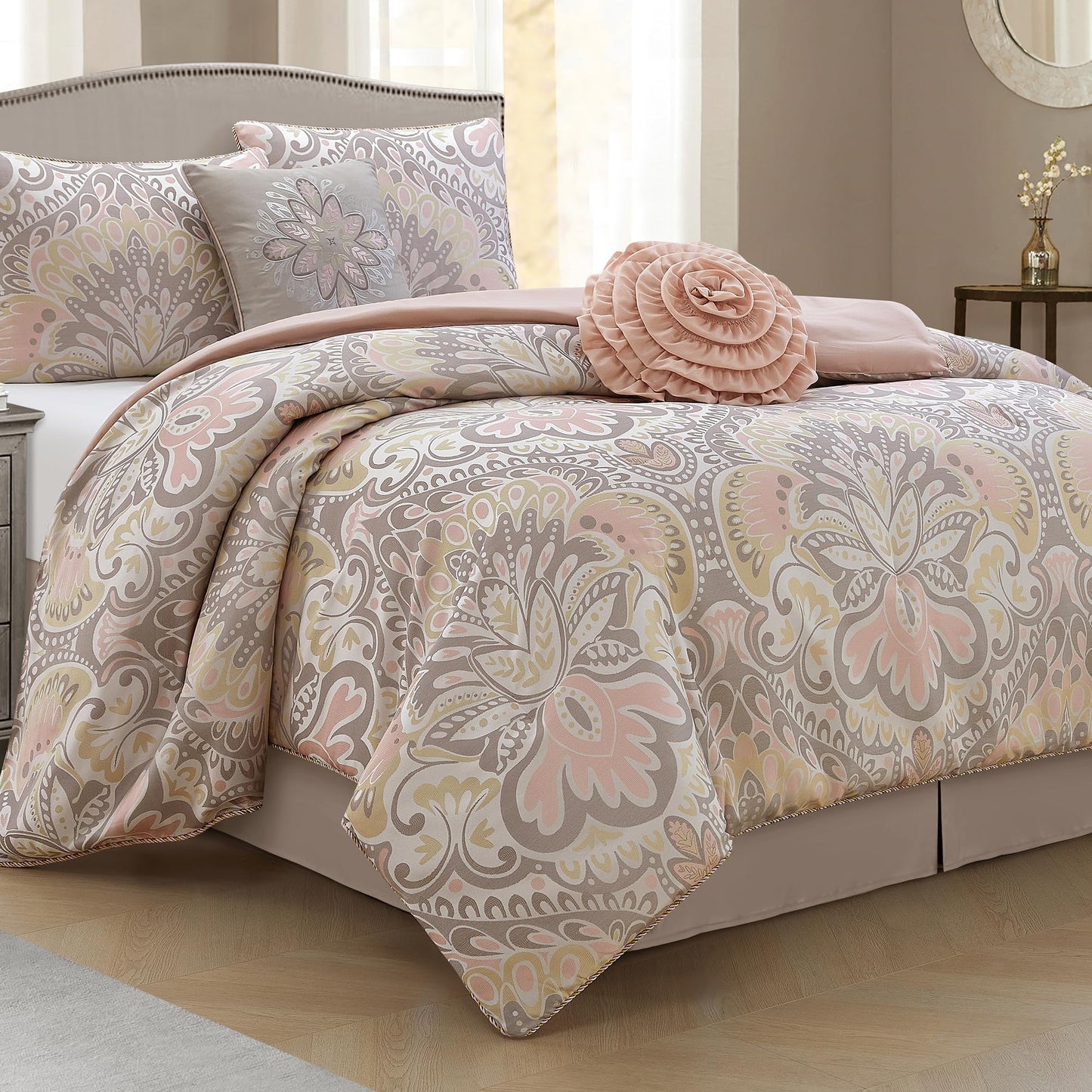 LANCO MODERN LIFESTYLE Blush 6 Piece Comforter Set, King, Elegant Floral Jacquard, Ultra Soft Bed Set for All Seasons, Bed in a Bag, Include Comforter, Bed Skirt, Pillow Shams & Decor Pillows