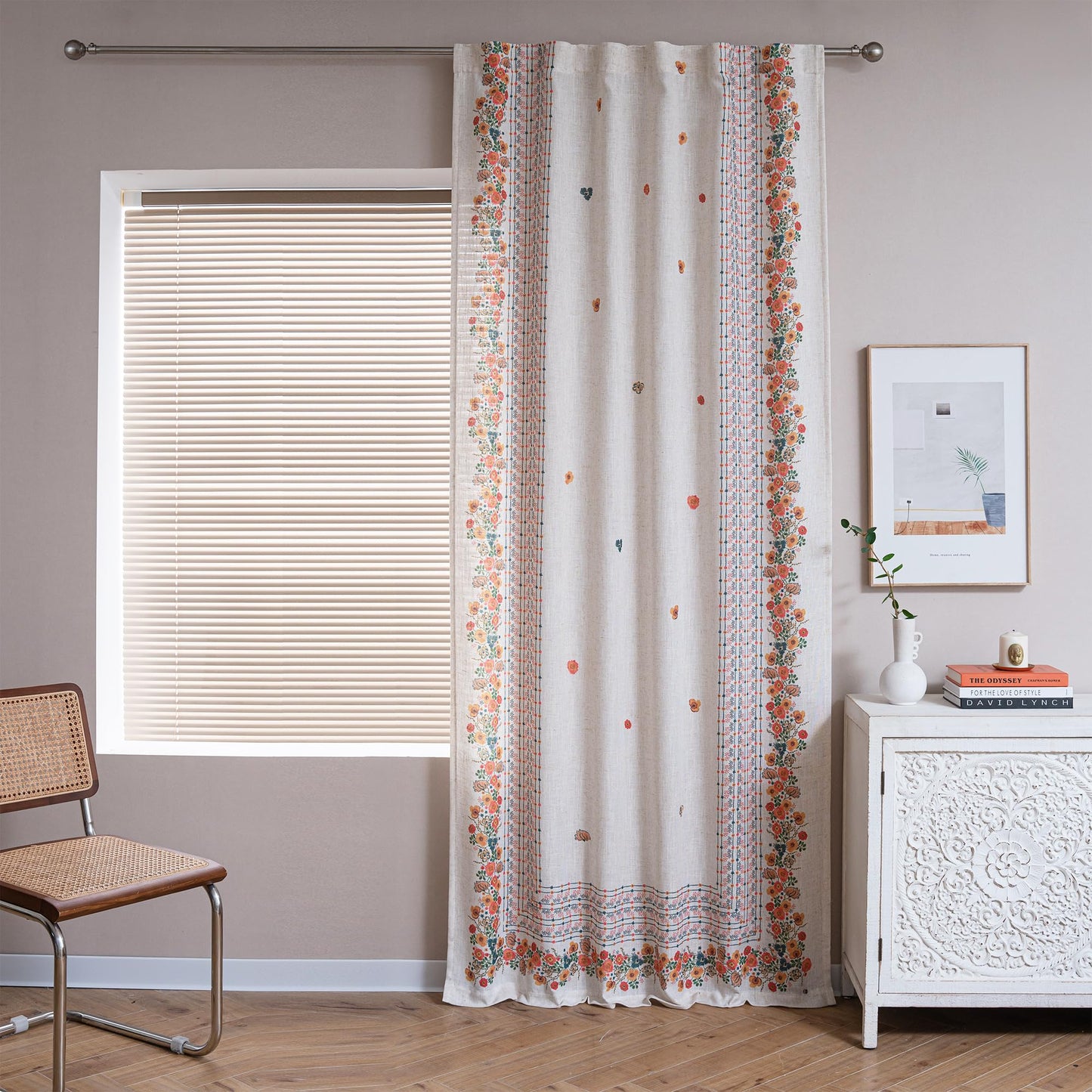 MYSKY HOME Boho Floral Curtains for Living Room 2 Panels Linen Semi Sheer Flower Curtains & Drapes 84 Inches Length Farmhouse Room Decor Style Back Tab for Dining Room, Yellow, 50" x 84"