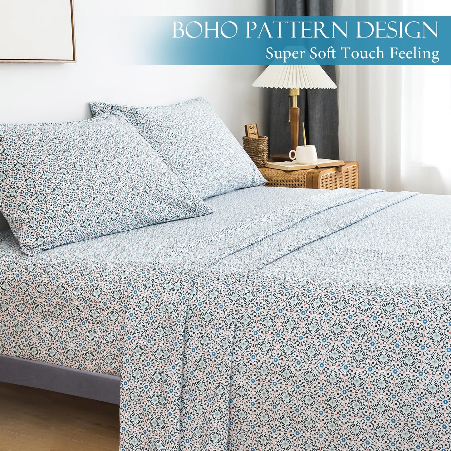 KACEMOO California King Sheet Set 4PC Blue Printed Sheets Floral Bed Sheet Boho Pattern Sheets Cooling Soft Deep Pocket Microfiber Brushed Sheet, Easy Care, Breathable, Wrinkle Free Bed Set