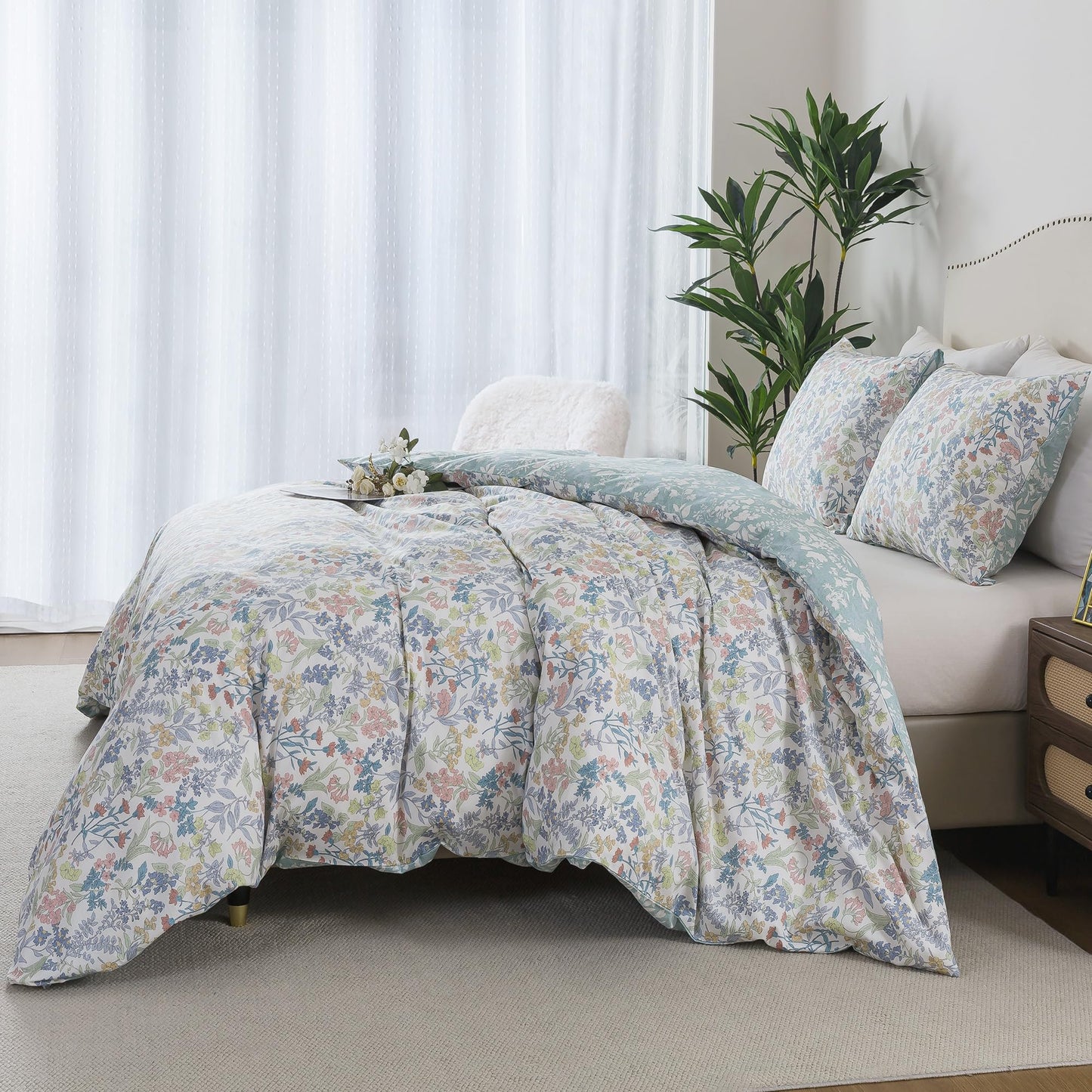 HoneiLife Cotton King Duvet Cover - Floral Comforter Cover 3-Piece, Botanical Bedlinen Set with Zipper Closure & Corner Ties, Wildflower Comforter Cover Sets All Season Use