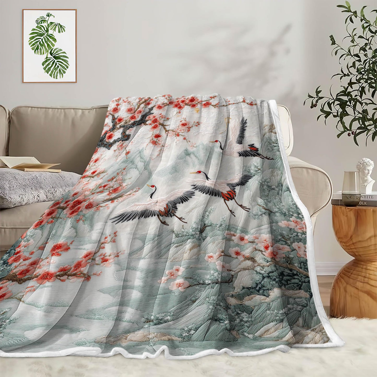 DYNH Asian Nature Landscape Crane Throw Blanket,Cherry Blossom Mountain Floral Bird Blanket for Adult Women Girls Teens, Asian Anime Plush Cozy Fuzzy Travel Blankets for Couch Bed,Multi1,50X60