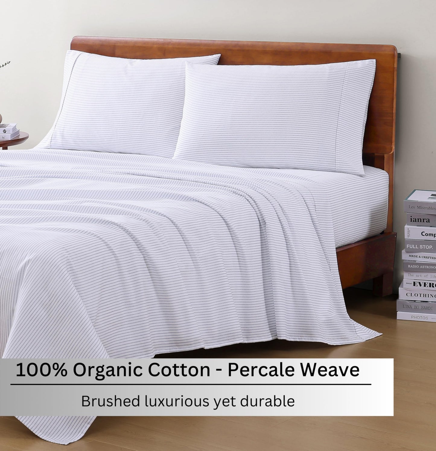 LANE LINEN 100% Organic Cotton Sheet Sets Queen Size, 4Pc Queen Size Cotton Sheets, Hotel Style Sheets, Bedding Sheets & Pillowcases, Queen Sheet Sets Deep Pockets Fits Upto 15" - Blue Ticking Stripe