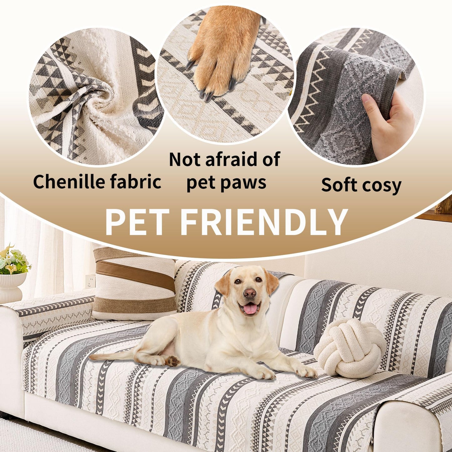 HAOMAIJIA Boho Couch Covers for Sofa, Waterproof Couch Cover for Dogs Soft Chenille Jacquard Non Slip Sofa Covers for Pets Washable Couch Protector (Grey, 36.5" x 74" 1 Pack)