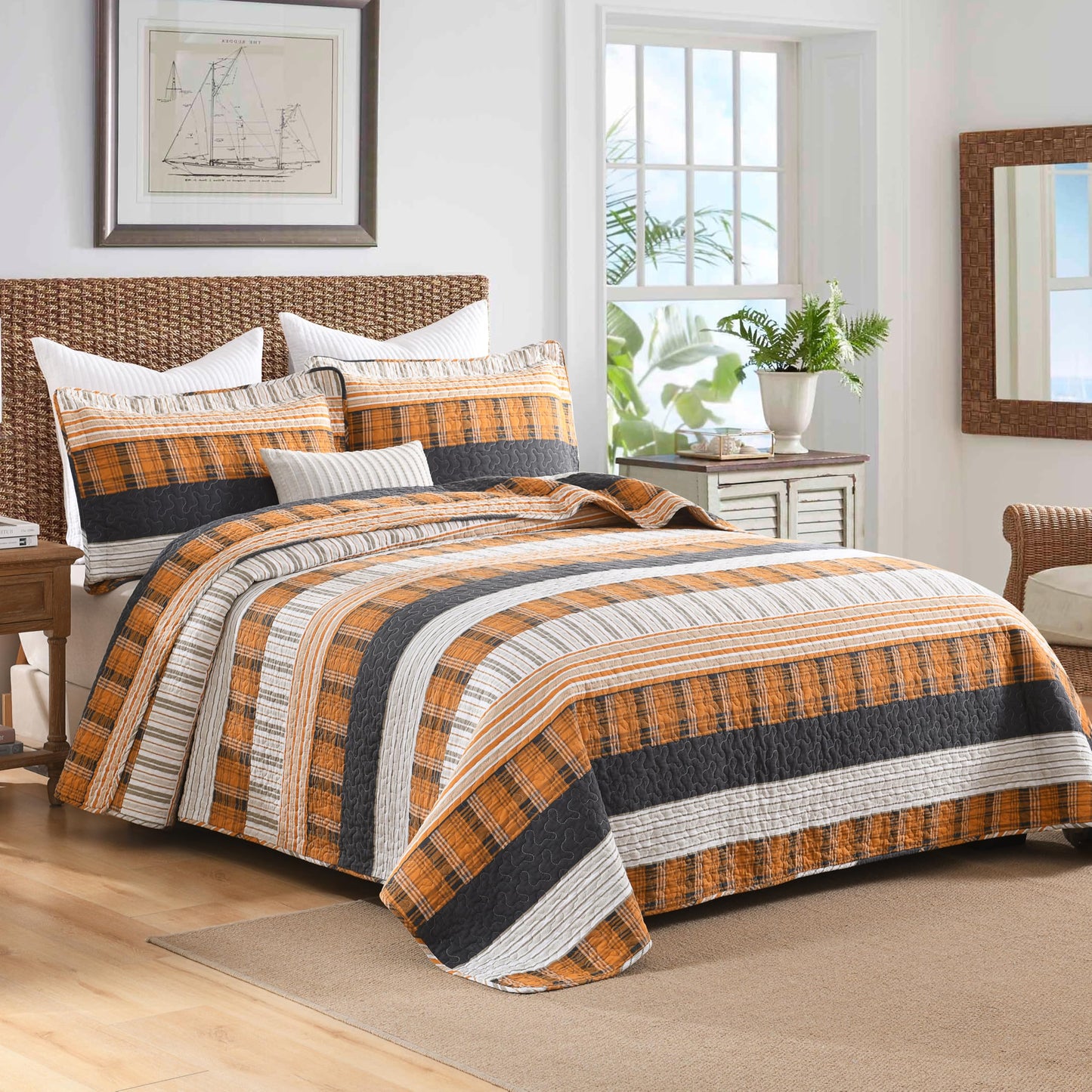 Homzard 100% Cotton King Size QuiltSet,Lightweight Striped Plaid Orange Black Quilts Bedspread Set,Farmhouse Neutral Bedding Comforter Set 3 Pieces Bed Set King