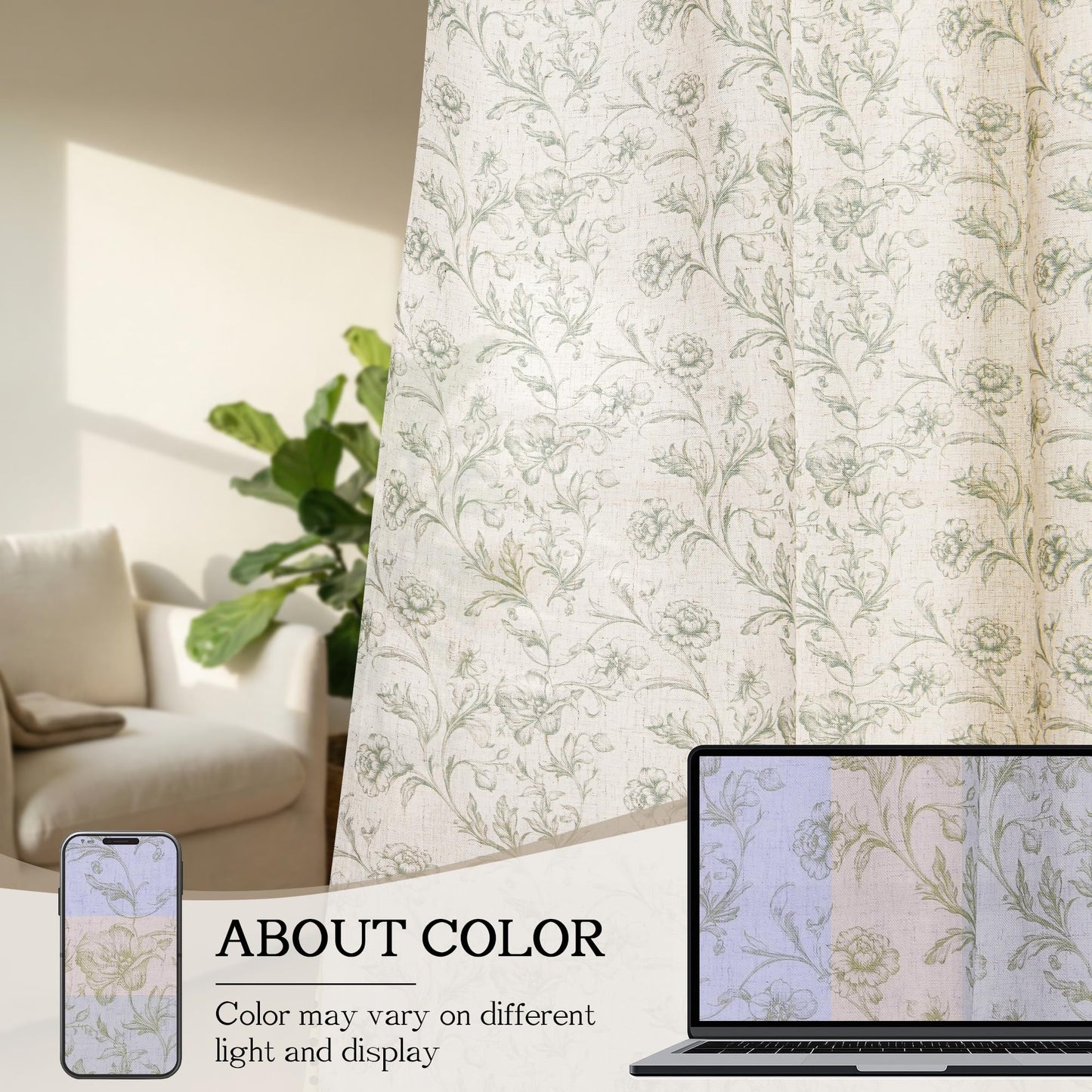 XWZO Green Floral Curtains 84 Inch Length Farmhouse Linen Curtain for Living Room Vintage Flower Botanical Patterned Curtains Rod Pocket Back Tab Bedroom Window Drapes Set 2 Panels