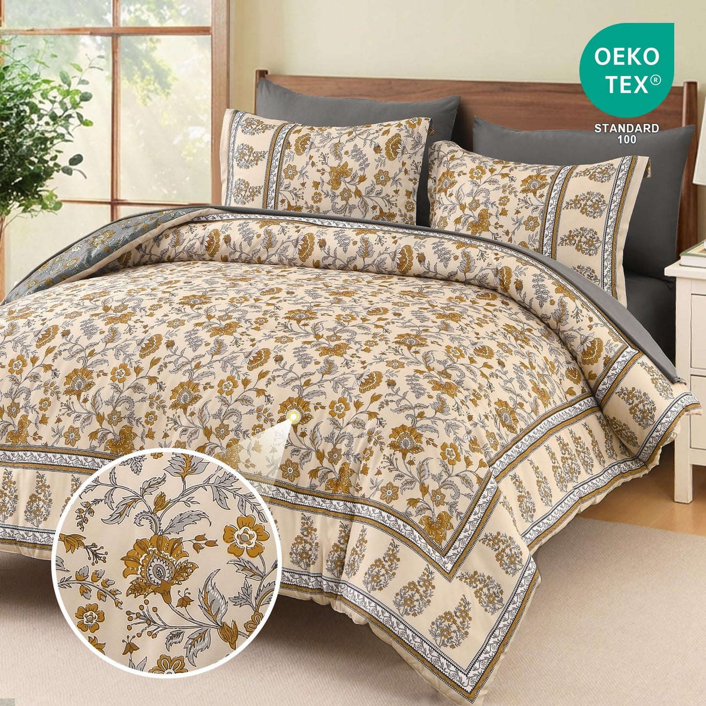Dinjoy Boho Comforter Set Queen,Beige Brown Bedding Paisley Floral 7 Piece Bed in a Bag Reversible Lightweight Bohemain Comforters with Sheet Sets for All Season