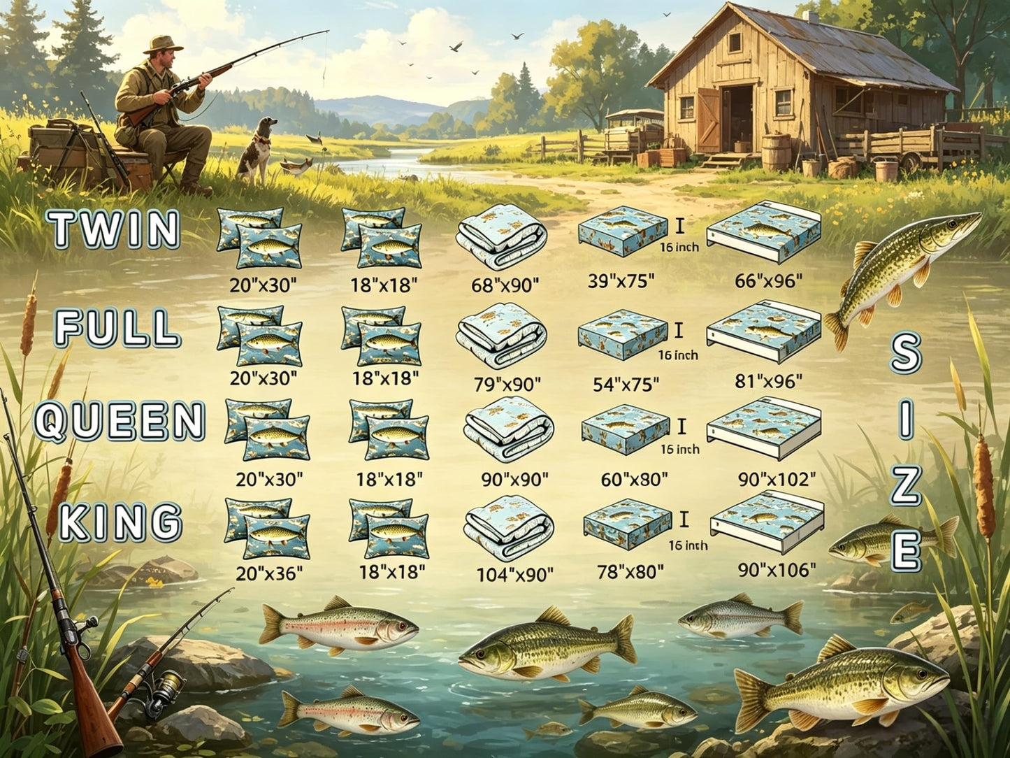 Erosebridal Kids Pike Fish 7 Pieces Comforter Set Full Size, Fishing and Hunting Bedding for Men Adults, Fishing Rustic Comforter Sets with Sheets, Animals Marine Life Bed Set Bed in a Bag