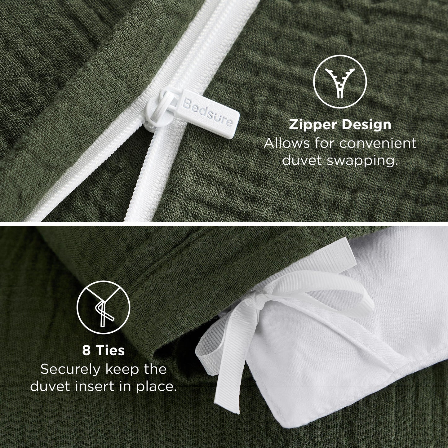 Bedsure 100% Muslin Cotton Duvet Cover King Size - Ultra-Soft Gauze Duvet Cover, PureWoven Breathable & Lightweight Bedding Set with Zipper Closure and Corner Ties (Olive Green, King, 104"x90")