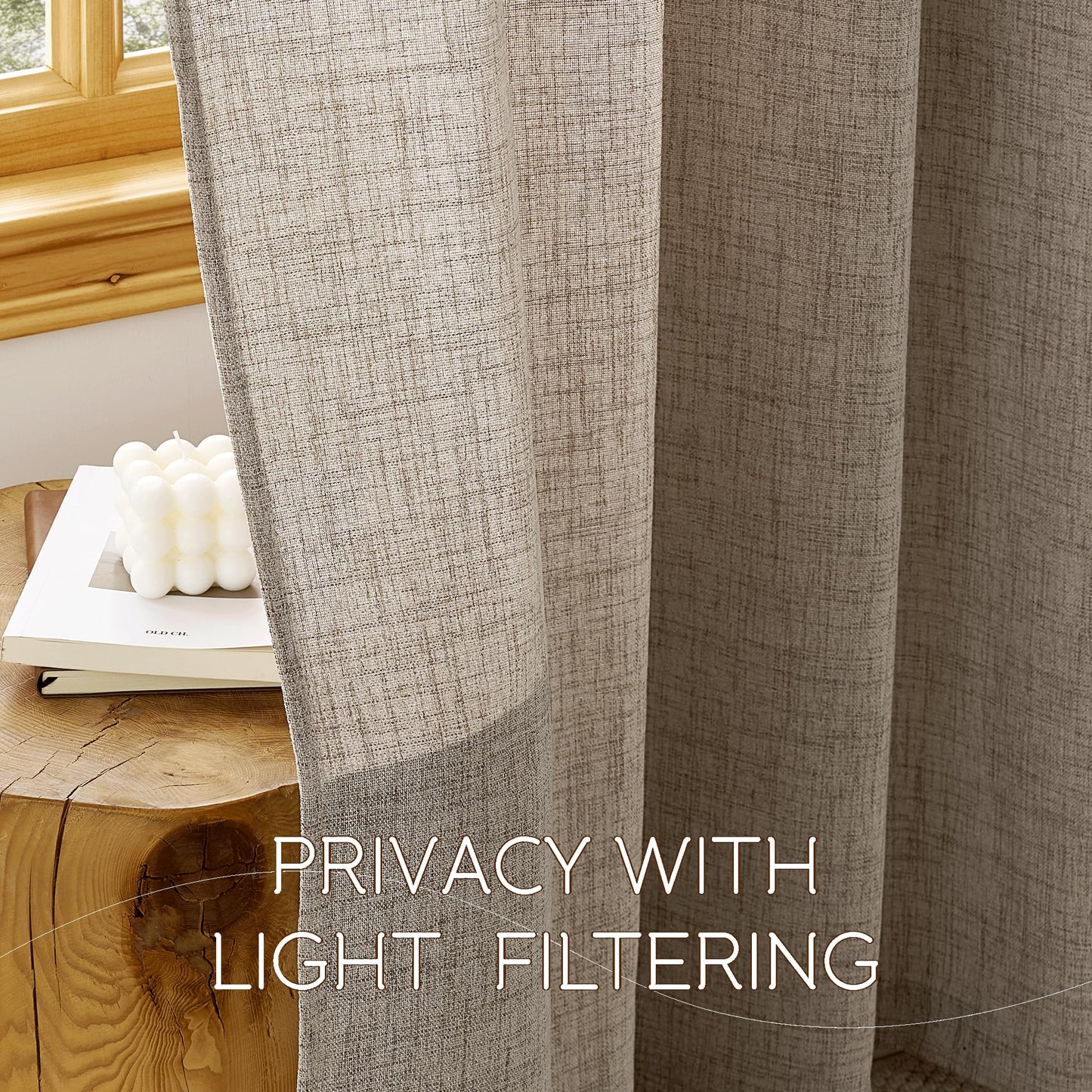 NICETOWN Semi Sheer Linen Blended Curtains 63 Inch Long, Light Filtering Burlap Curtains Farmhouse Grommet Privacy Window Drapes for Living Room, 2 Panels (52 x 63 Inch, Linen)
