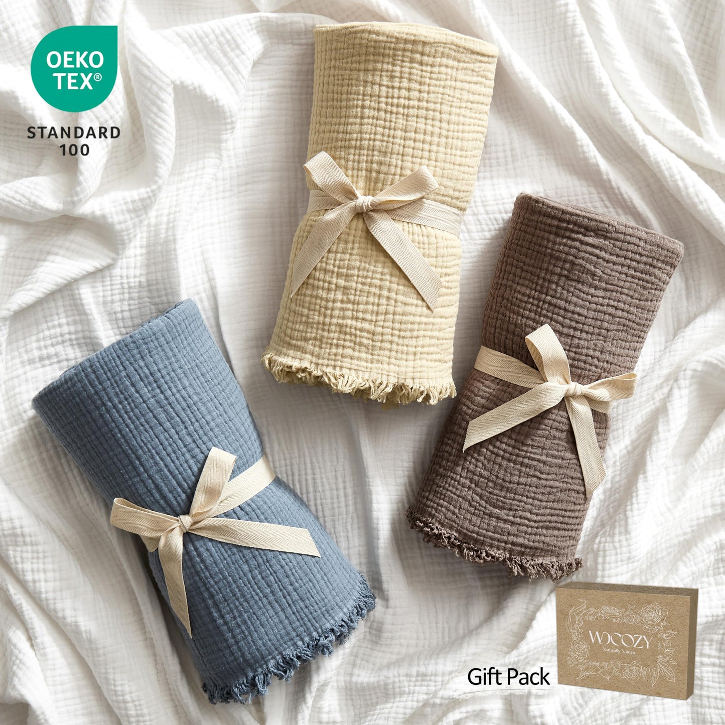 WDCOZY Muslin Throw Blanket 100% Cotton Blankets 4-Layer Breathable Lightweight Soft for Couch Boho Farmhouse Linen Tassels Ruffle Gauze Blankets 50x60 Inches Brown Mocha Chocolate Coffee Taupe