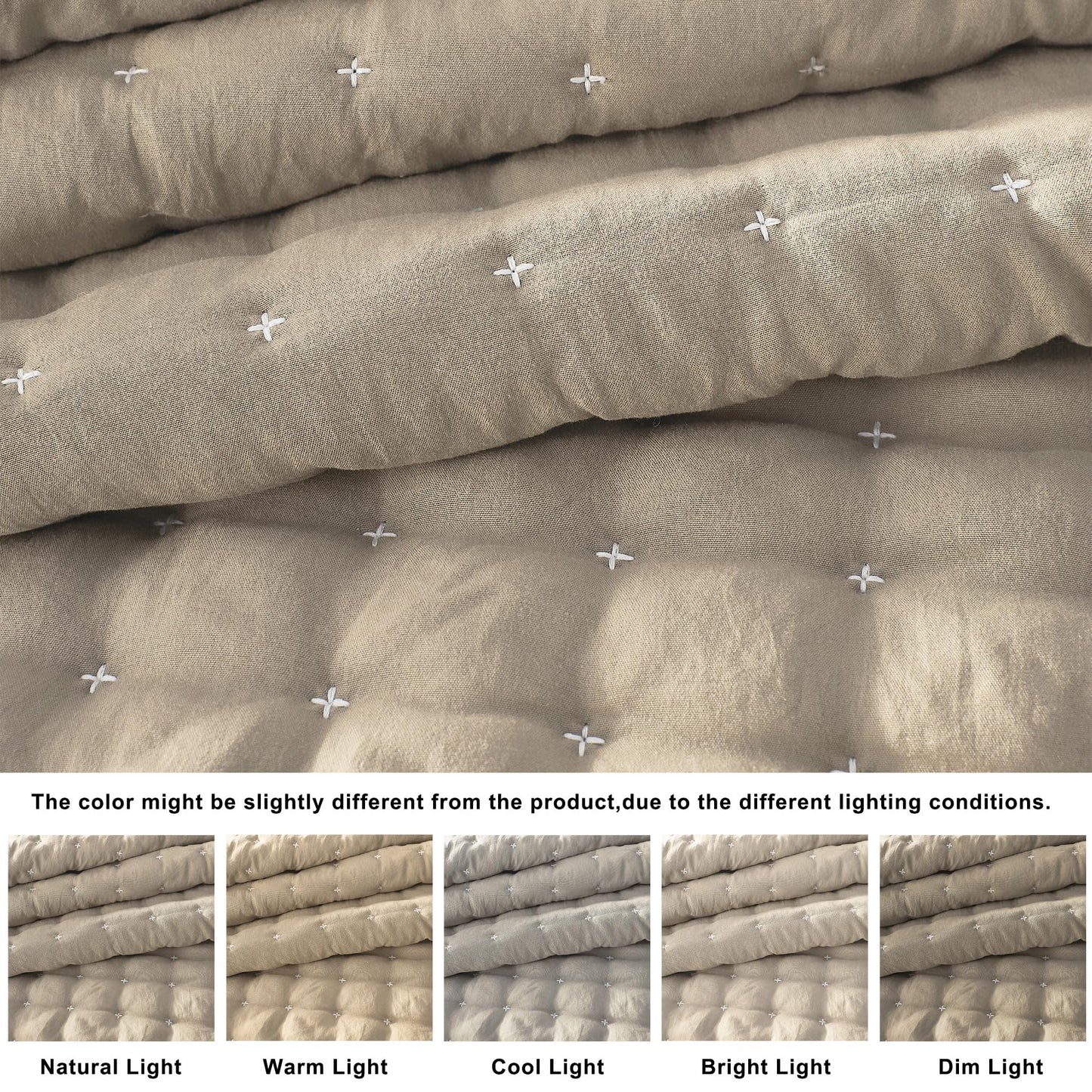 WDCOZY Beige Queen Size Quilt Bedding Sets with Pillow Shams, Cream Tan Lightweight Soft Bedspread Coverlet, Quilted Blanket Thin Comforter Bed Cover for All Season, 3 Pieces, 90x90 inches