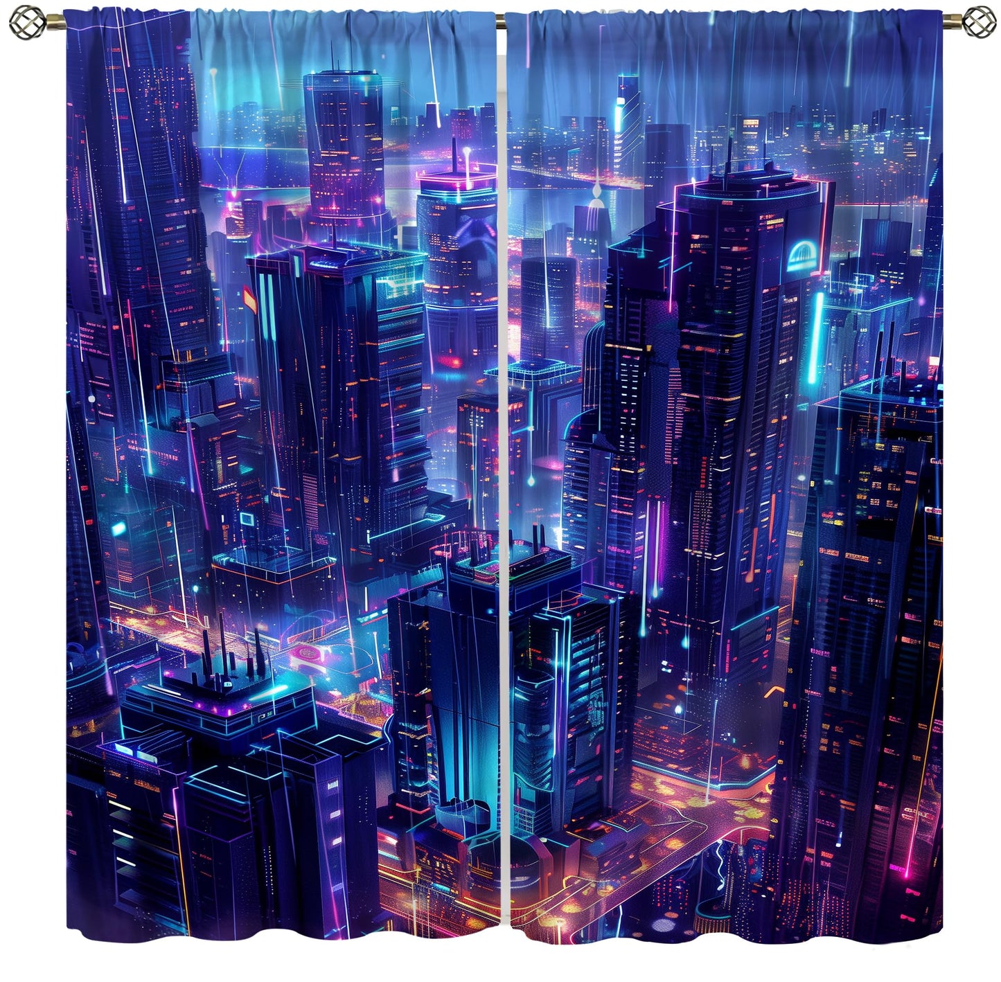 VUMIVI Gaming Curtains Cyberpunk Futuristic City Rain Skyscrapers Blue-Toned Fantasy Landscape Rod Pocket Window Treatments for Boys Girls Gaming Bedroom Sci-Fi Tech Expo 42" W X 44.5" L