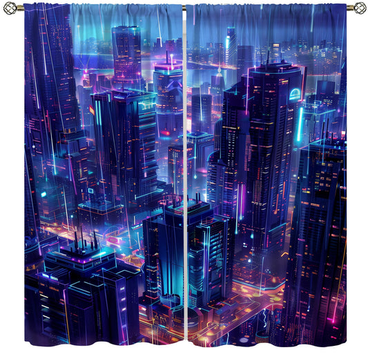 VUMIVI Gaming Curtains Cyberpunk Futuristic City Rain Skyscrapers Blue-Toned Fantasy Landscape Rod Pocket Window Treatments for Boys Girls Gaming Bedroom Sci-Fi Tech Expo 42" W X 44.5" L