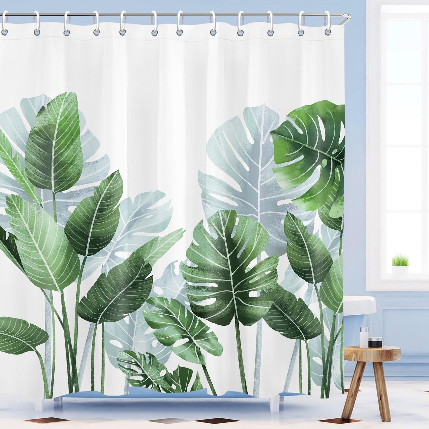Mayormyth Tropical Green Leaf Shower Curtain Hawaiian Monstera Shower Curtains for Bathroom Boho Plant Palm Leaf Shower Curtain Set Polyester Waterproof Cloth Fabric with Hooks 72x72 Inches