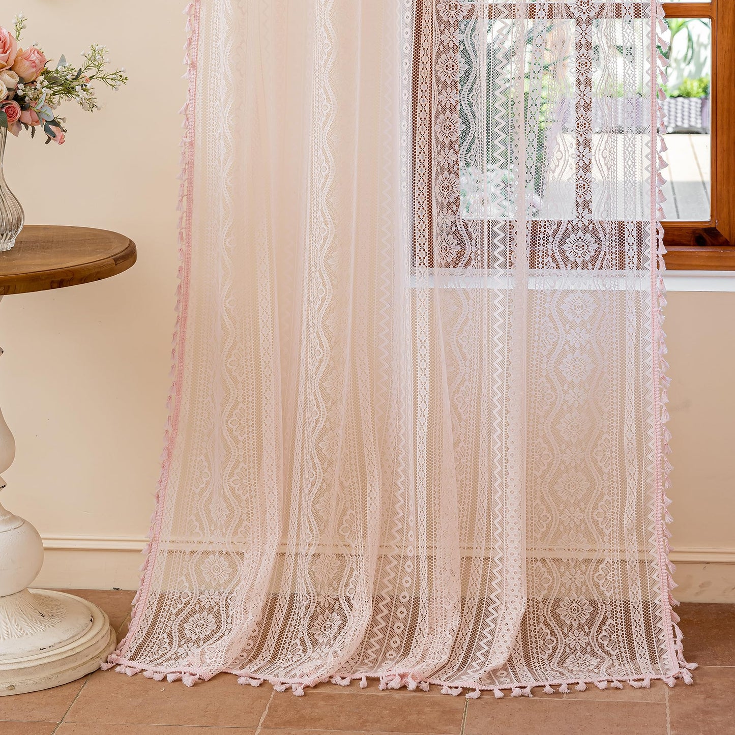 MYSKY HOME Pink Sheer Lace Curtains 2 Panels 90 inch Length for Girls Room Nursery Boho Vintage Floral Crochet Pattern Privacy Rod Pocket Tassels Small Windows Curtains, Wide 55 inch, 2 PCs