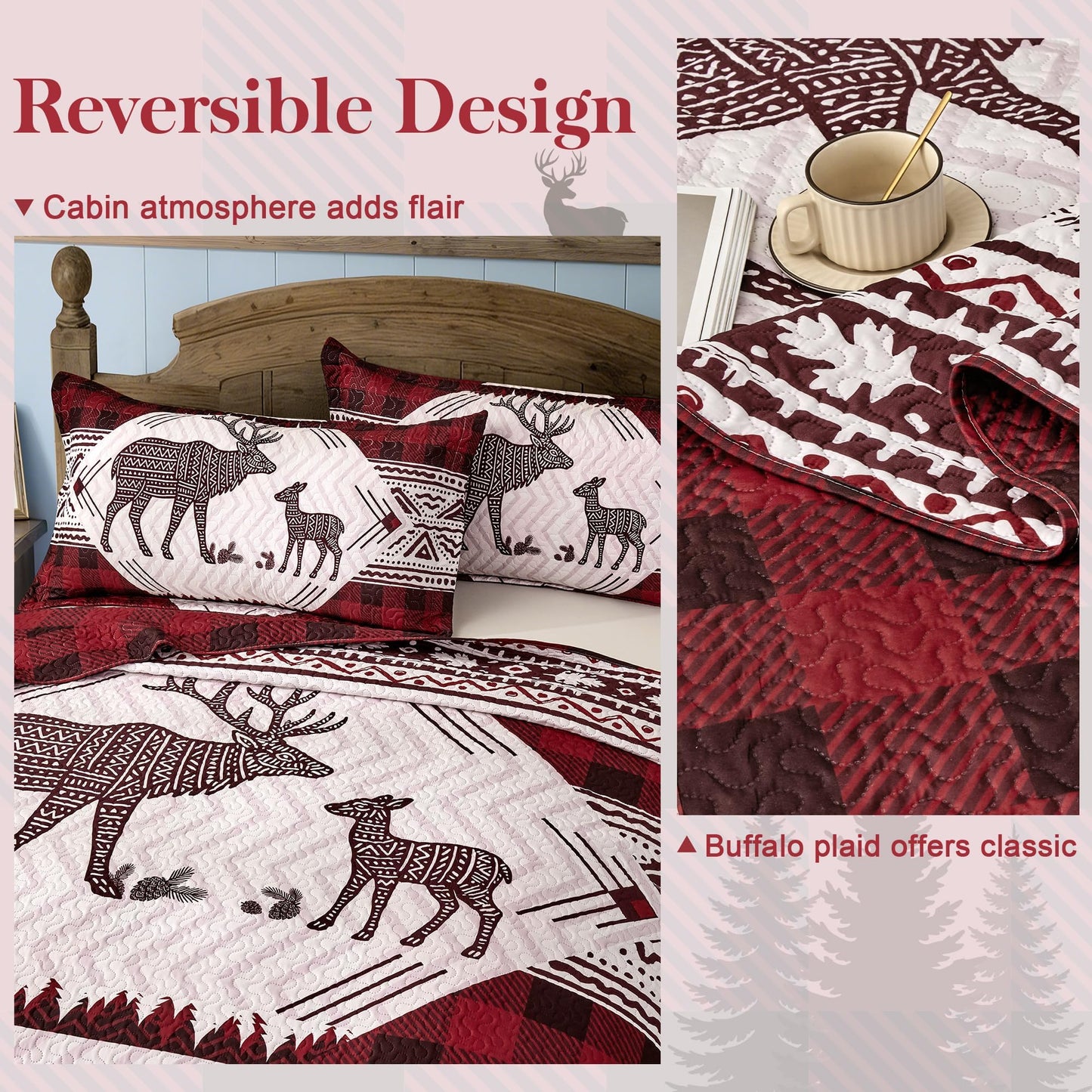 3 Piece Cabin Full/Queen Quilt Sets Christmas Rustic Reversible Microfiber Soft Lightweight Farmhouse Bedspread Comforter with 2 Shams Patchwork Country Lodge Bedding for All Season, 90''x96'', Red