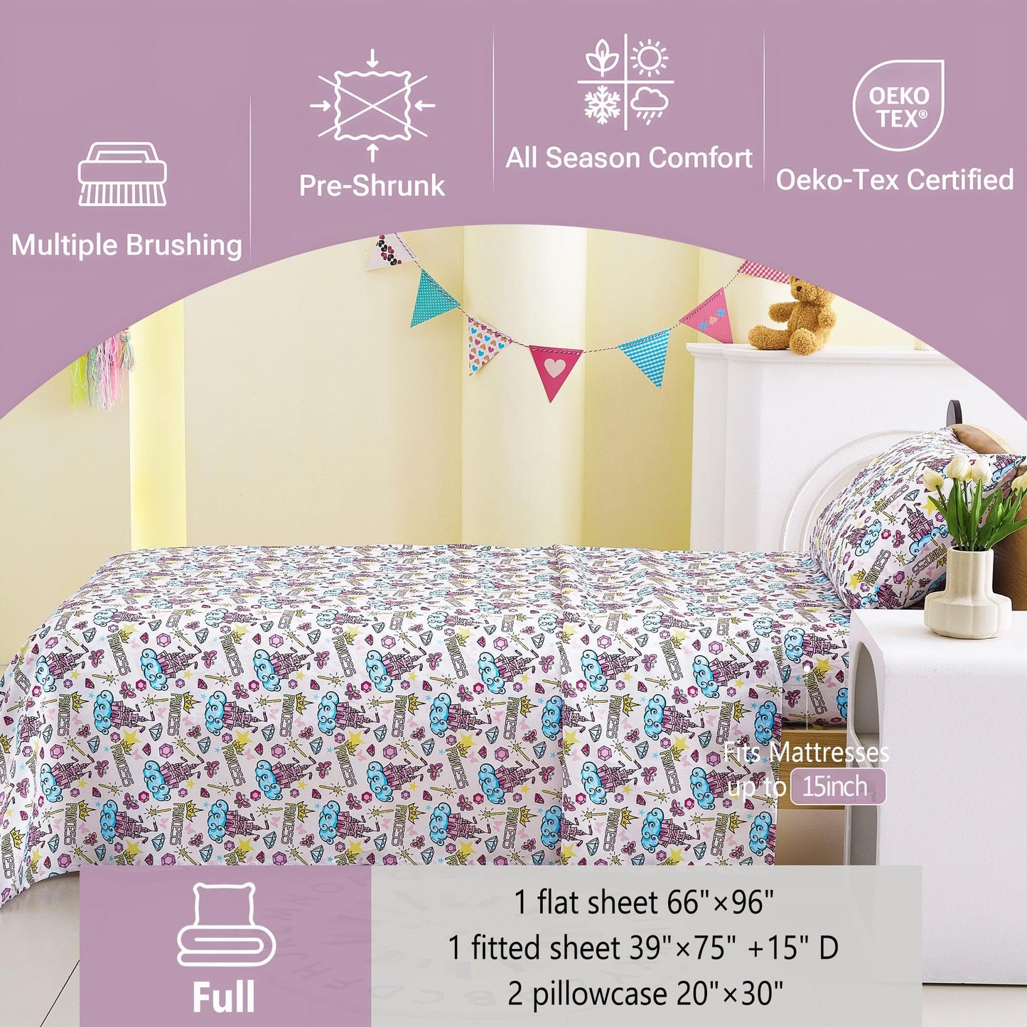 Softan Kids Bed Sheet Set, 4-Piece Full Size Sheets, Microfiber Fitted Sheet with 15 Inches Deep Pocket and Corner Straps, Breathable & Silky Soft Castle Diamond Printed Sheet and Pillowcase Sets
