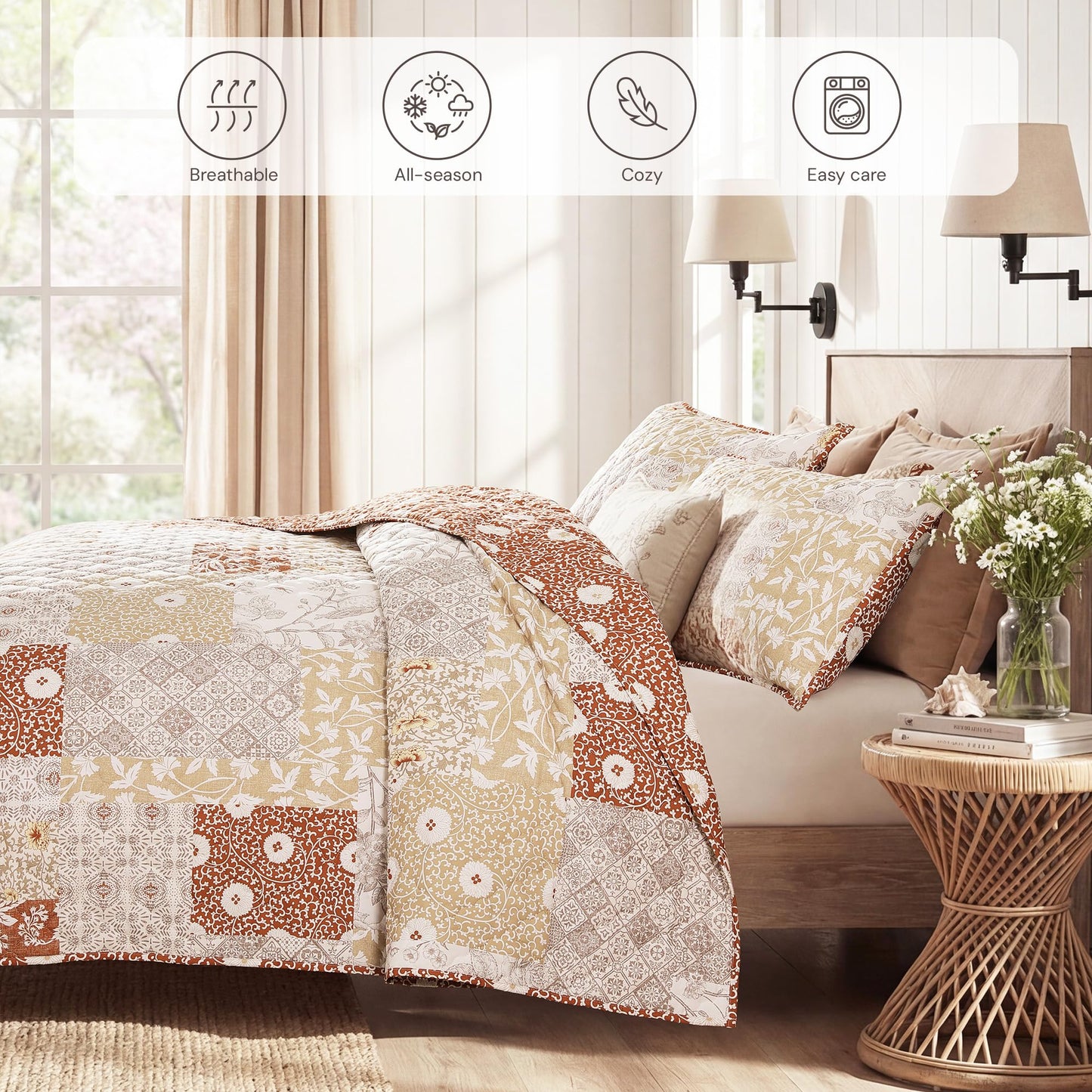 BLOOMHAVEN Quilt Set Queen Size, Patchwork Terracotta Floral Quilt Sets, Reversible Bedspread Lightweight and Breathable for All Seasons, Soft Quilted Bedspread with 2 Pillow Shams