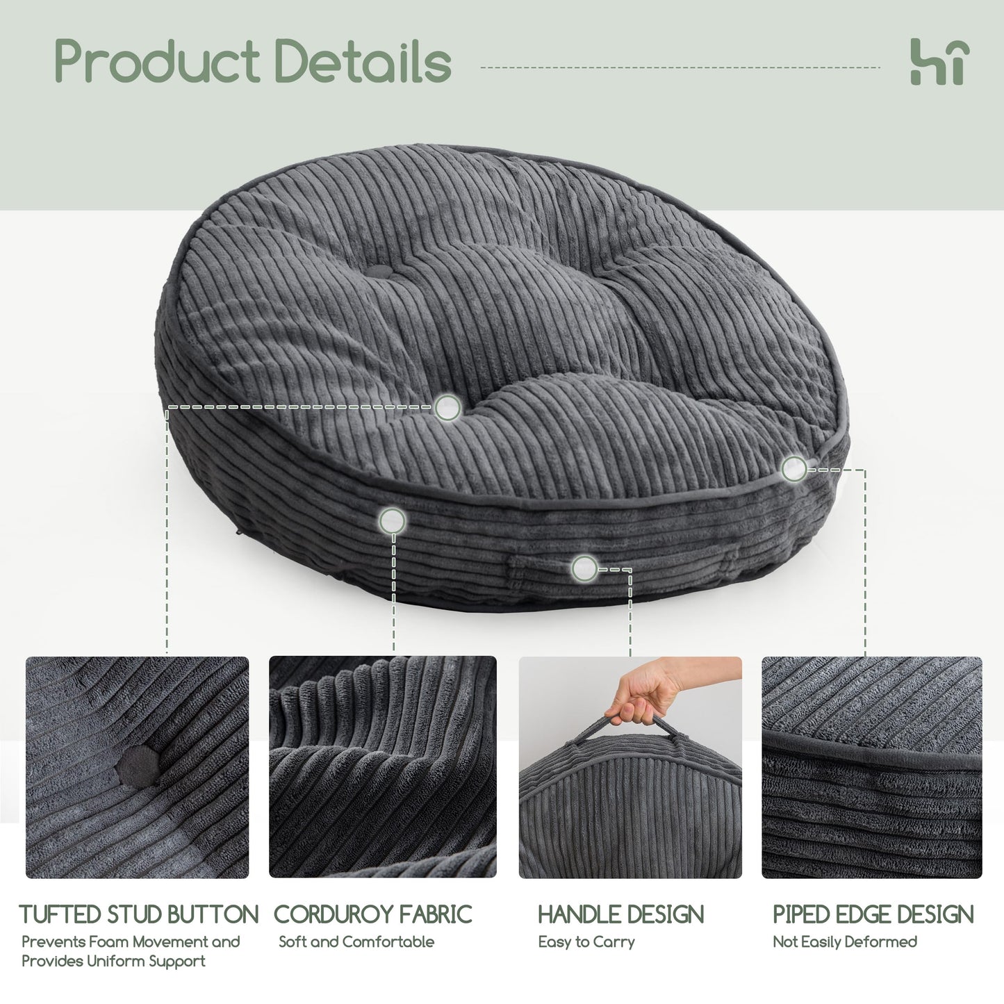 HIGOGOGO Floor Pillow Cushion for Adults, Meditation Cushion Pillow, Large Round Floor Sitting, Removable Tufted Corduroy Cover, for Tatami Living Room or Yoga, 22x22 Inch, Dark Grey