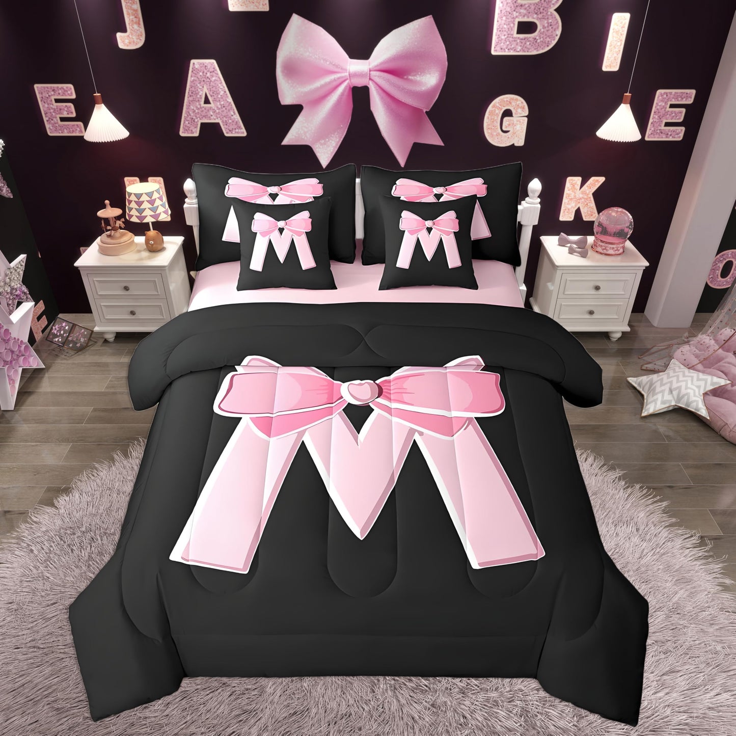 jejeloiu Kawaii Pink Bow Twin Comforter Set with Sheets,Gifts for Women Teen Girl,Personalized Initial Letter M 7 Piece Bedding Set,Soft Monogrammed Bed in a Bag with Comforter,Sheets,Pillowcases