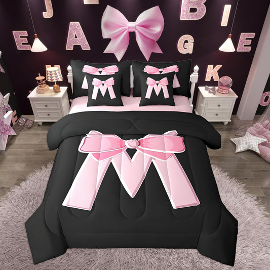jejeloiu Kawaii Pink Bow Twin Comforter Set with Sheets,Gifts for Women Teen Girl,Personalized Initial Letter M 7 Piece Bedding Set,Soft Monogrammed Bed in a Bag with Comforter,Sheets,Pillowcases