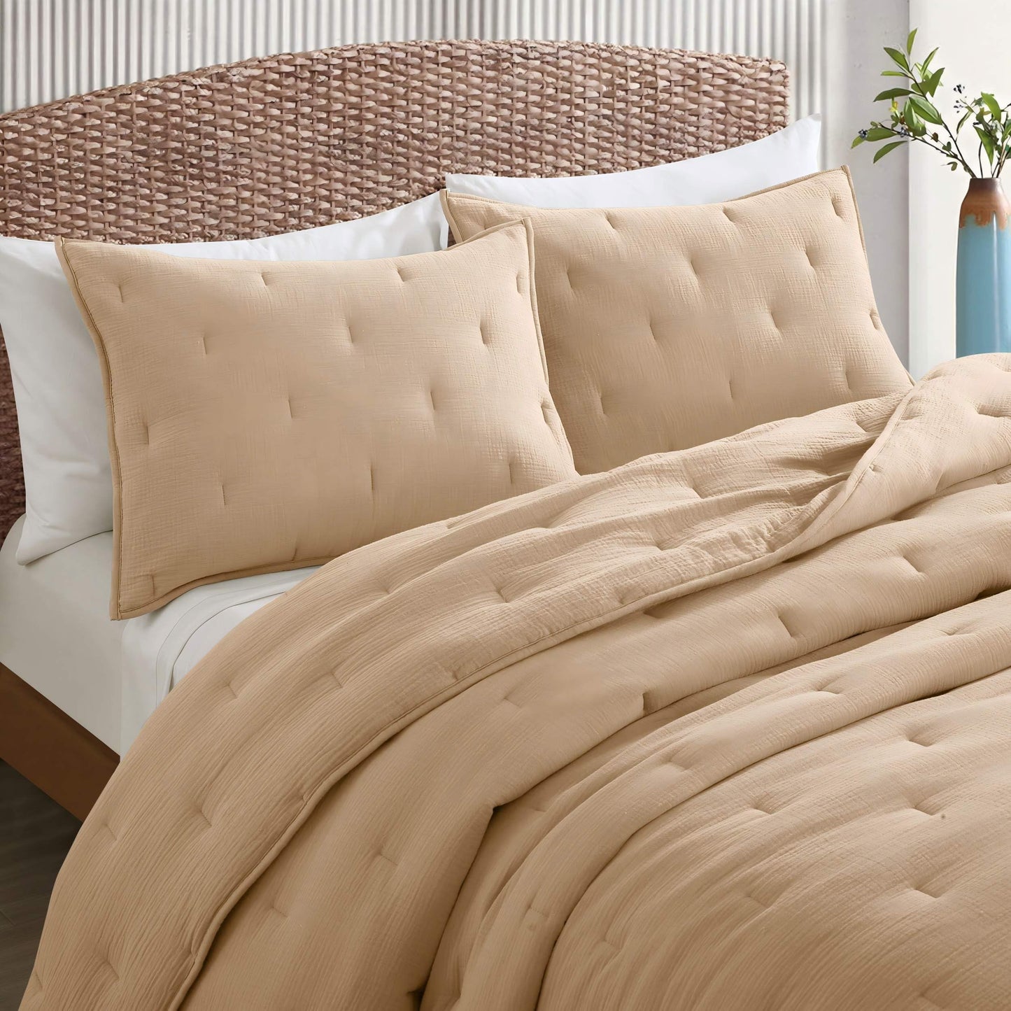 COZYXWORLD Pre-Washed 100% Cotton Muslin Gauze Comforter Set, 3 Piece Full/Queen Quilt Set, Duvet Insert with Corner Loops, 1" Line Quilted, Dune Beige