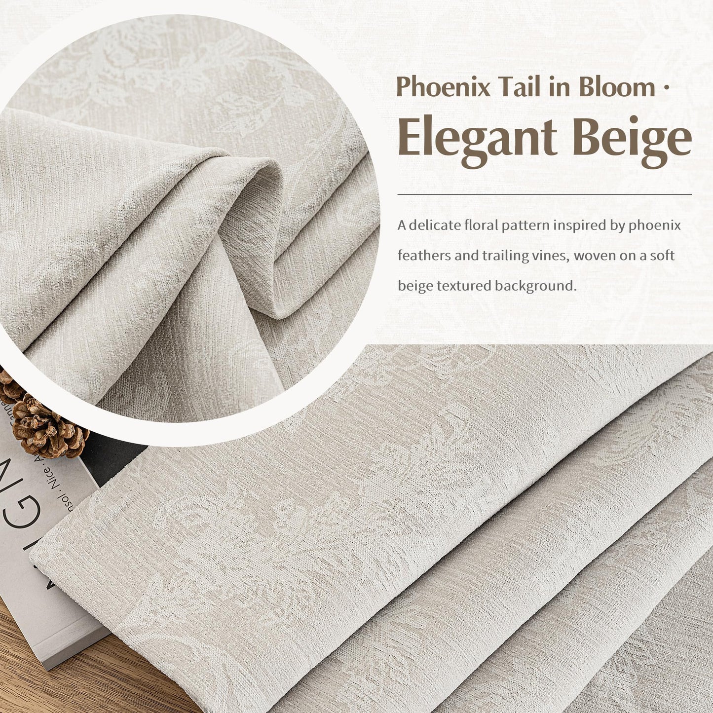 FMFUNCTEX Beige Floral Jacquard Blackout Curtains 84 Inches Long for Bedroom, Scroll Flower Chenille Farmhouse Curtains for Living Room Darkening Thermal Insulated Grommet Window Drapes 2 Panels