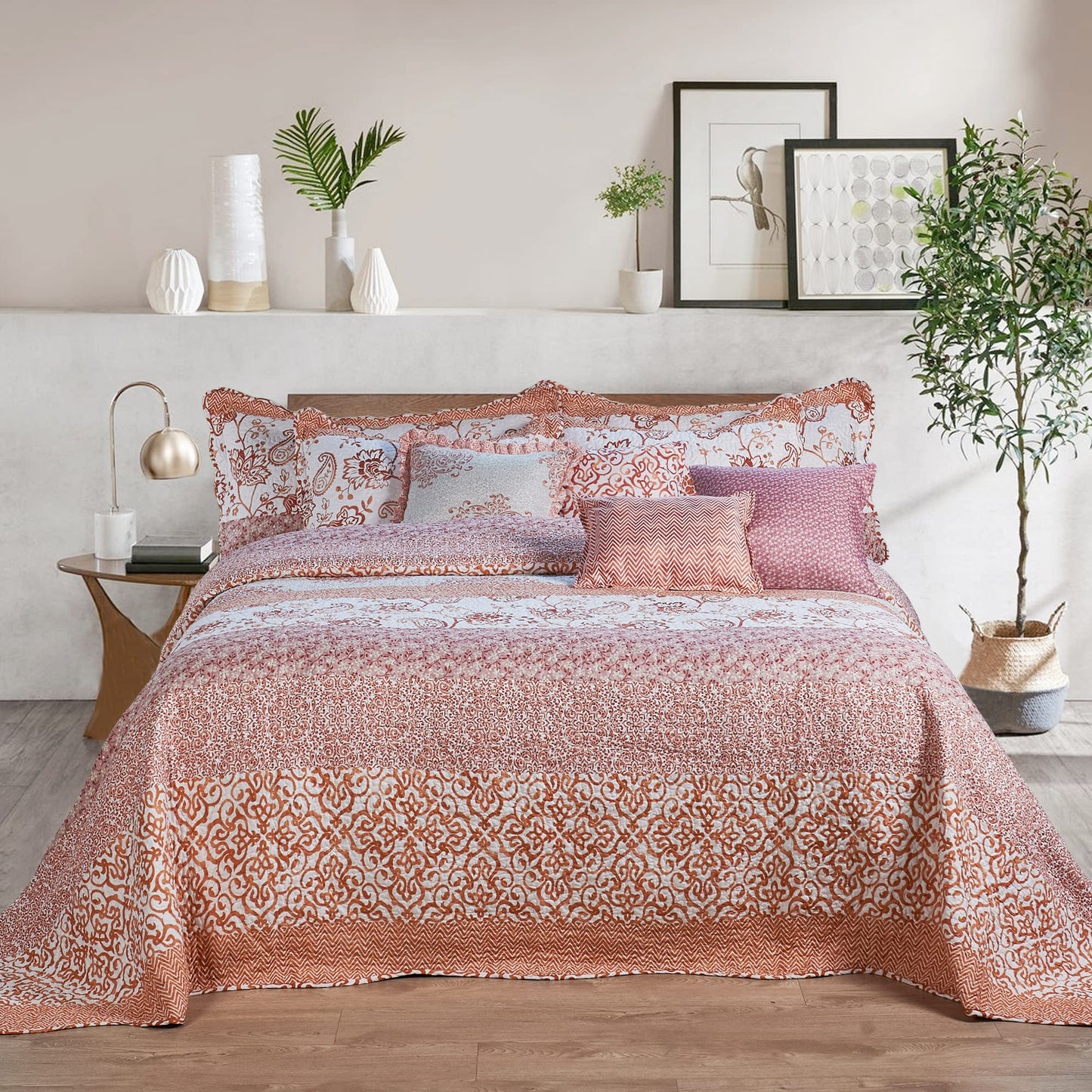 Home Soft Things 9-Piece Oversized King Bedspread Set - 122” x 106” Lightweight Reversible Microfiber Quilt Coverlet Bedding - All Season Farmhouse Chevron & Floral Scroll - Coral Orange/Off-White