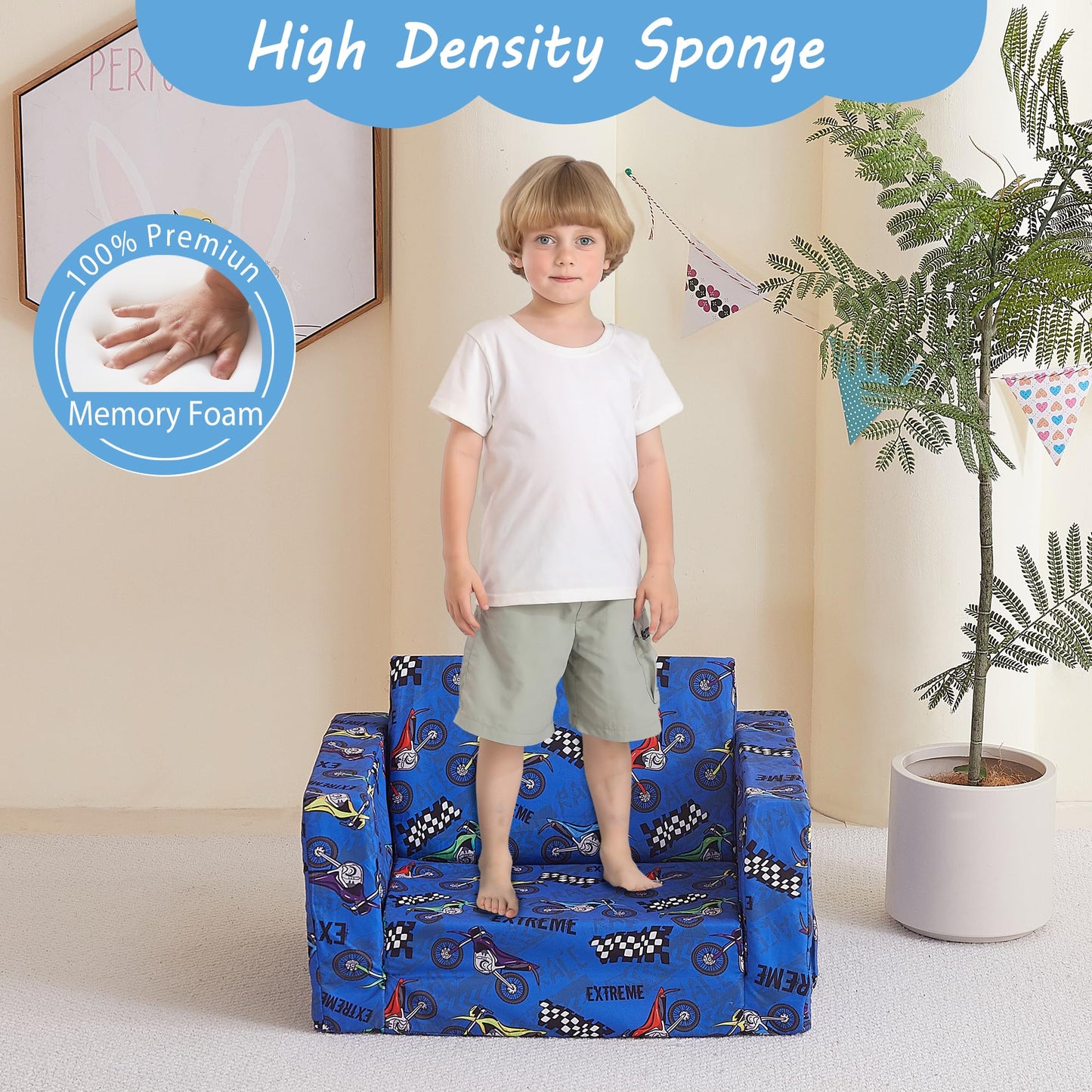 lasoftan Toddler Couch, 2-in-1 Soft Kids Couch Bed Fold Out, Toddler Chairs Comfy for Boys & Girls, Convertible Kids Sofa to Lounge for Playroom, Gift for Birthday, Children's Day - Blue Motorcycle