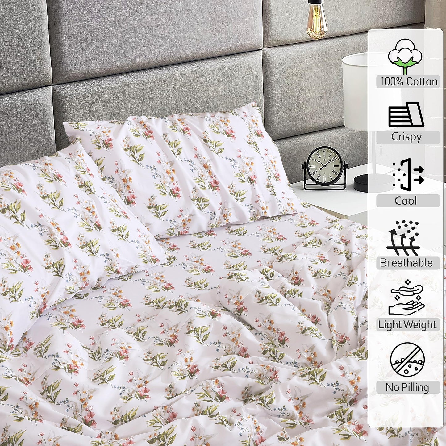 RUVANTI 100% Cotton Percale Sheets Full Size, Floral Bliss