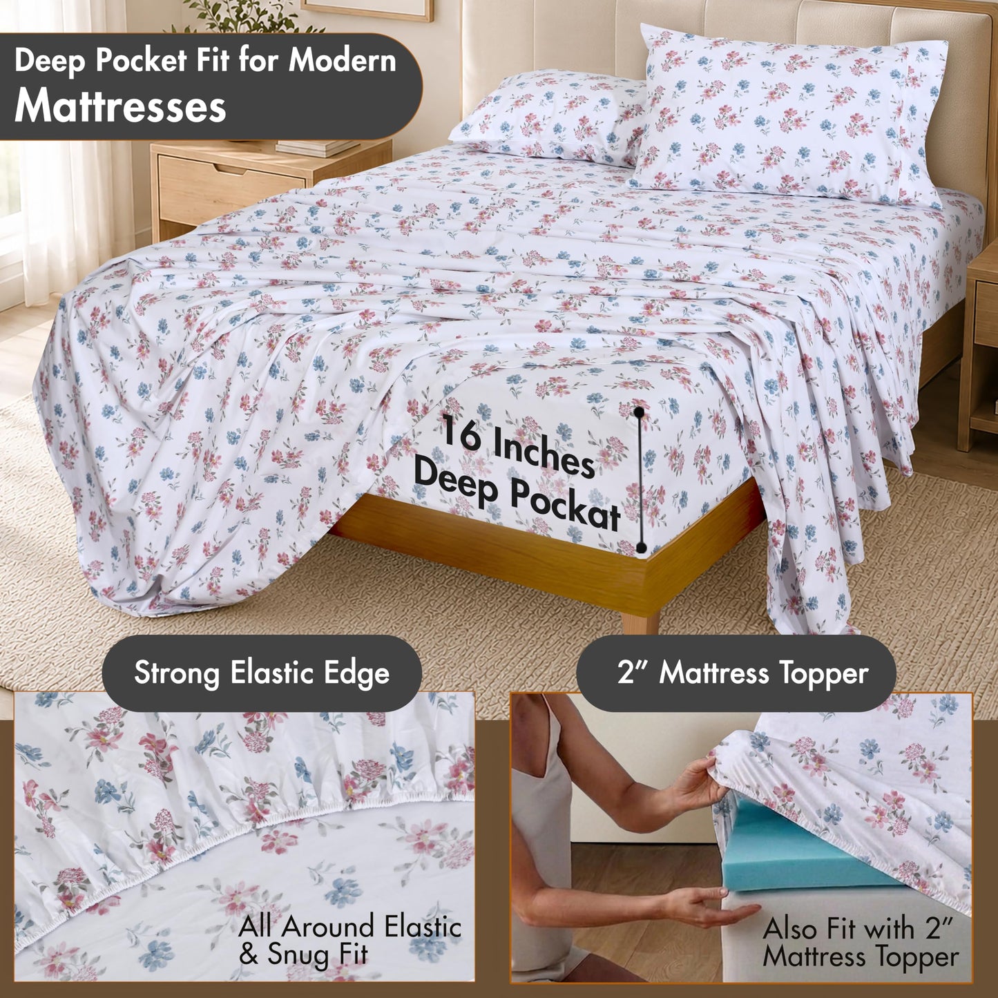 ZOYER 100% Cotton Sheets – Full Size Percale Bedding, Cooling & Breathable, Durable with a Crisp, Soft & Comfortable Feel, 16" Deep Pocket, 4-Piece Set, Flora Rhapsody