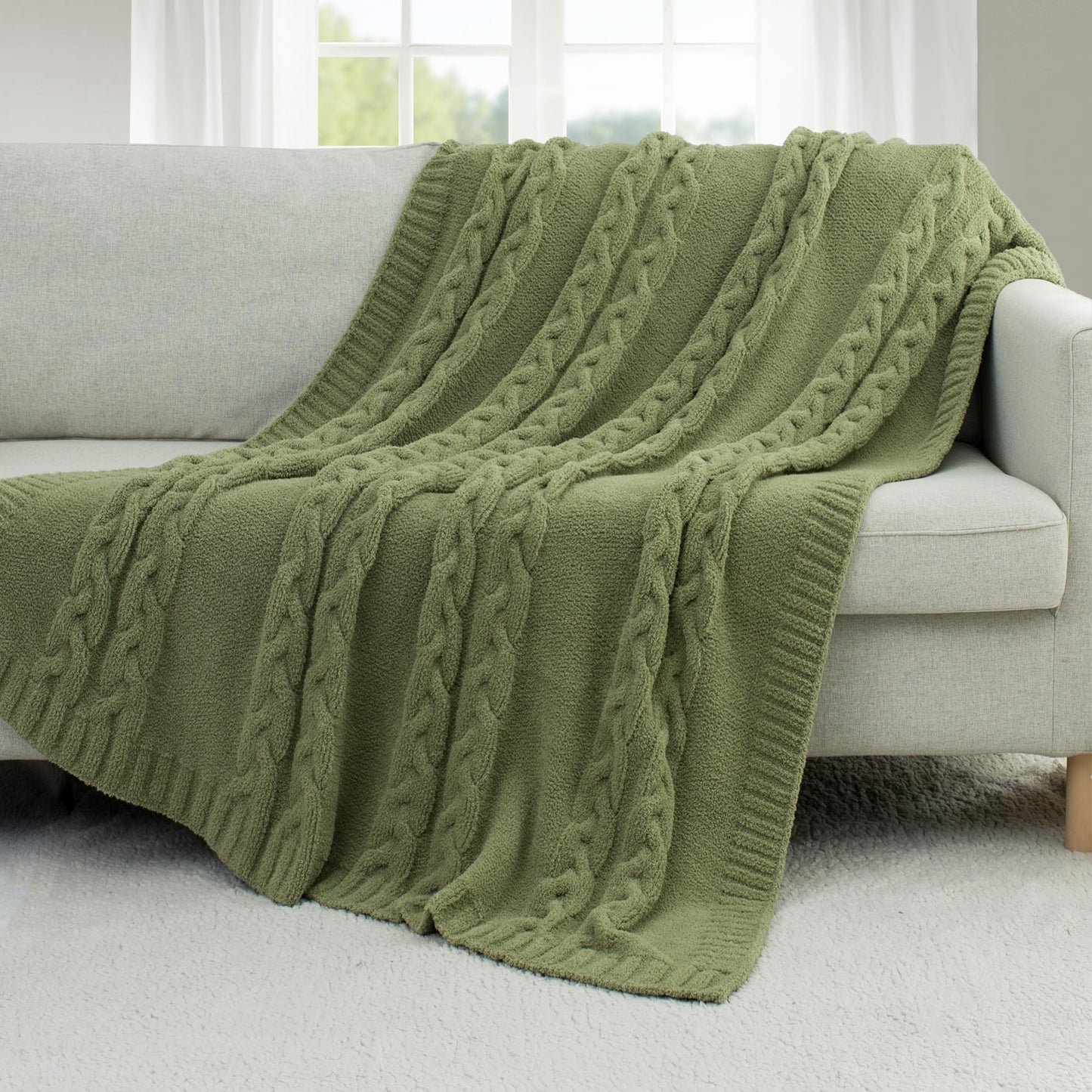 GINAMUSE Chunky Knit Blanket Super Soft Cable Fluffy Microfiber Cozy Warm Winter Blankets for Couch Sofa Bed Twin Size 60"X80" Olive Green