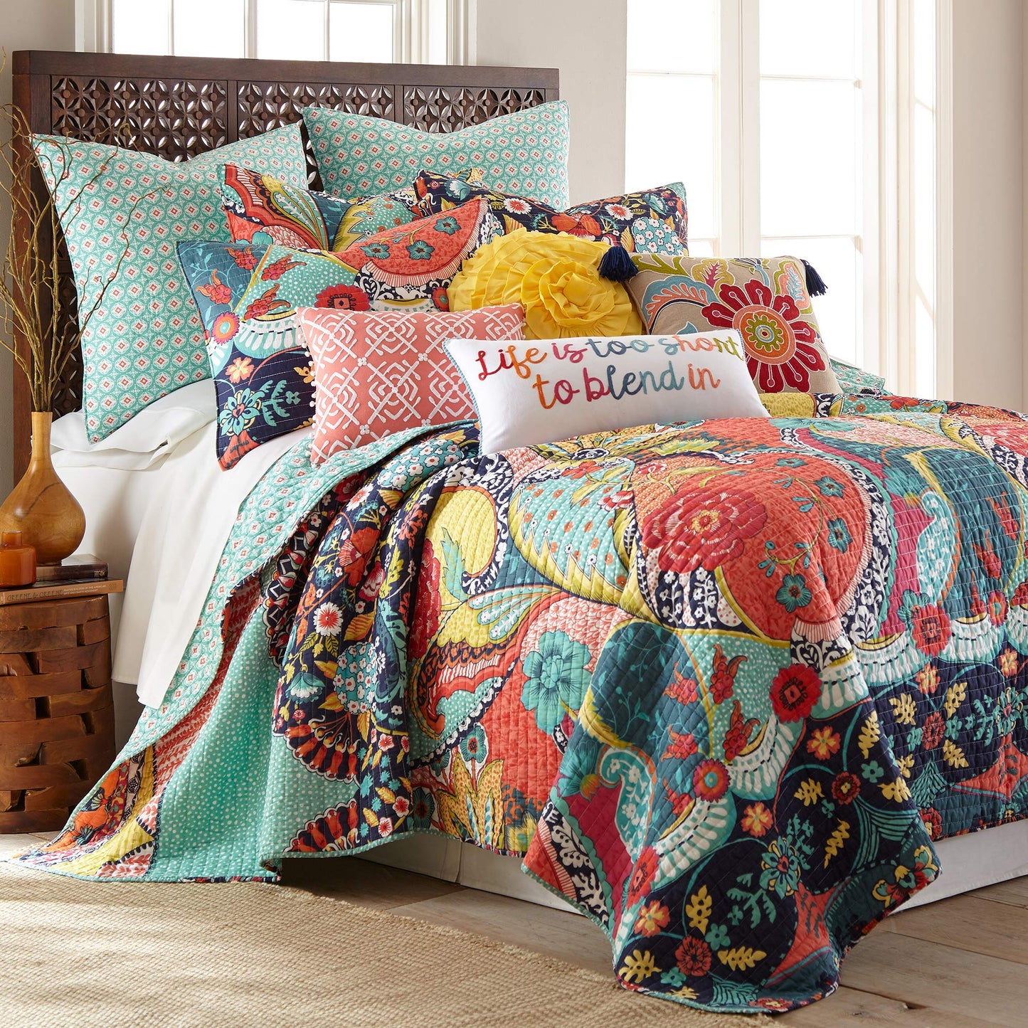 Levtex Home - Jules Quilt Set - Full/Queen Quilt (88x92in.) + Two Standard Pillow Shams (26x20in.) - Bohemian - Teal, Orange, Yellow, Green, Blue, Red, Navy - Reversible - Cotton Fabric