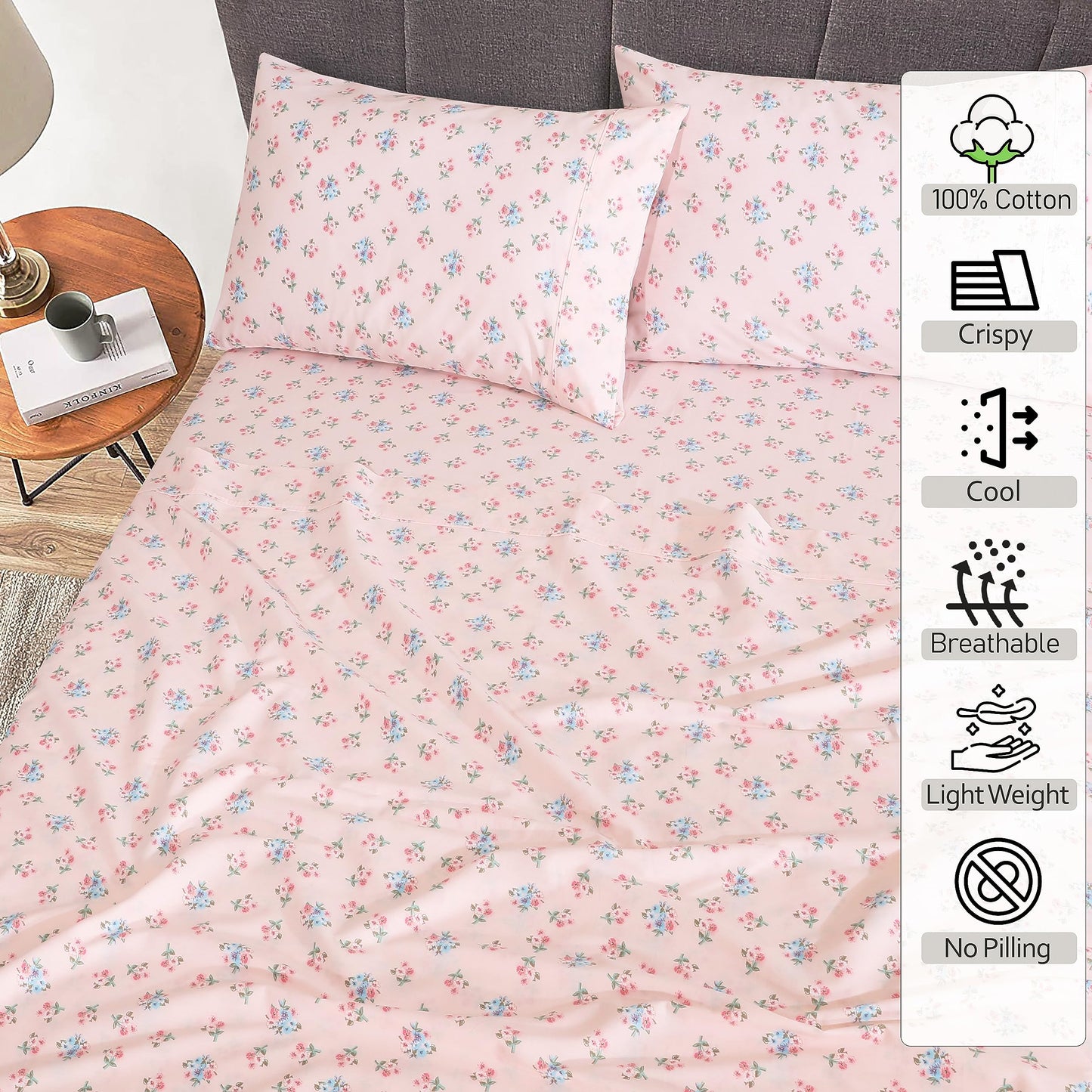 RUVANTI 100% Cotton Percale Sheets Queen Size, Spring On