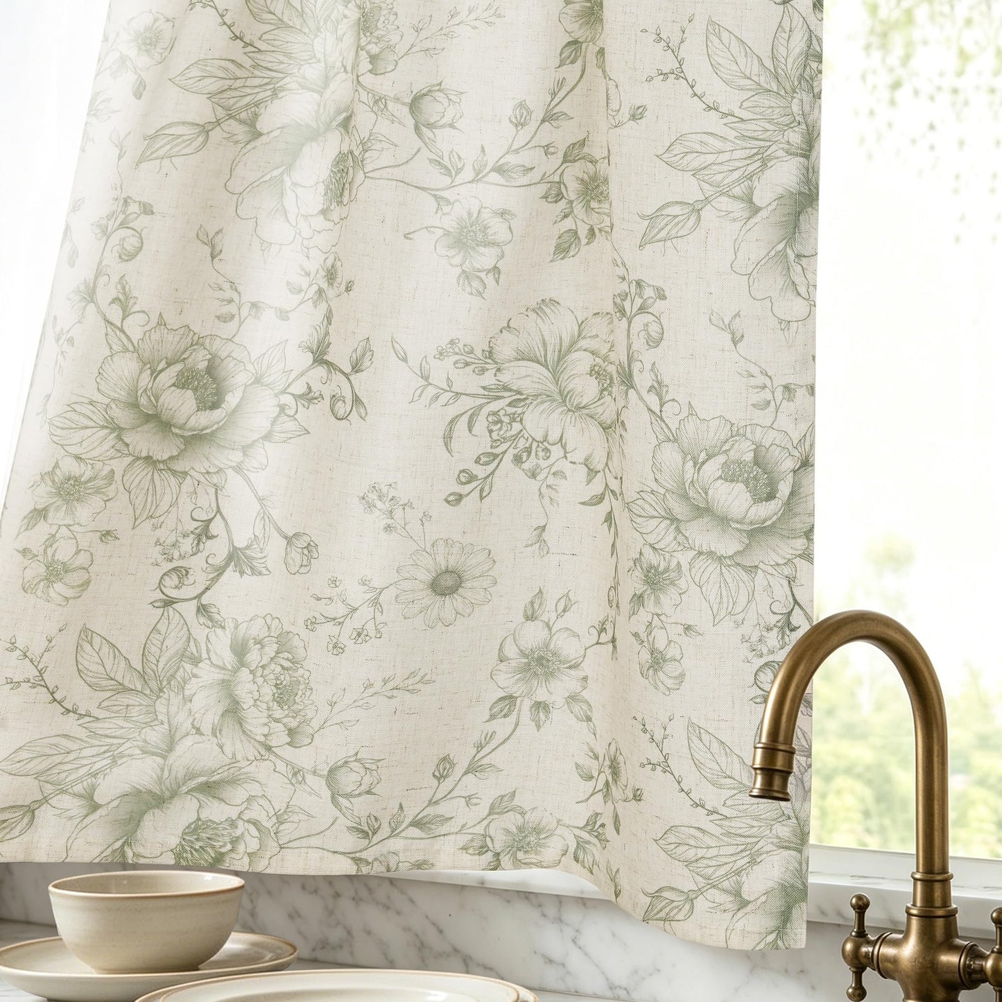 JIUZHEN Farmhouse Floral Linen Kitchen Curtains 24 Inch Length, Rod Pocket Rustic Light Filtering Tier Curtains for Livingroom/Bathroom, Green Peony Fragmented Flowers, 2 Panels