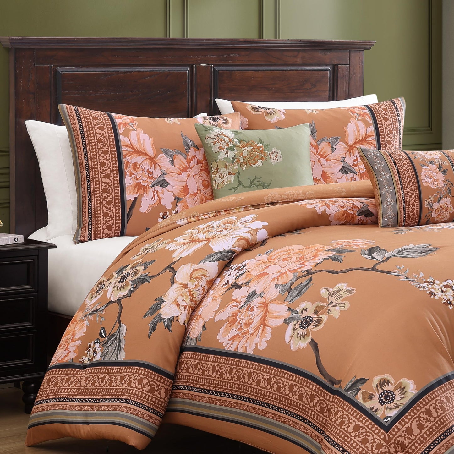 Bebejan Rossana 100% Cotton Sateen 5 Piece Comforter Set, Terracotta, Floral Reversible Bedding Comforter Set, 1 Comforter, 2 Shams & 2 Pillows (King/Cal King)