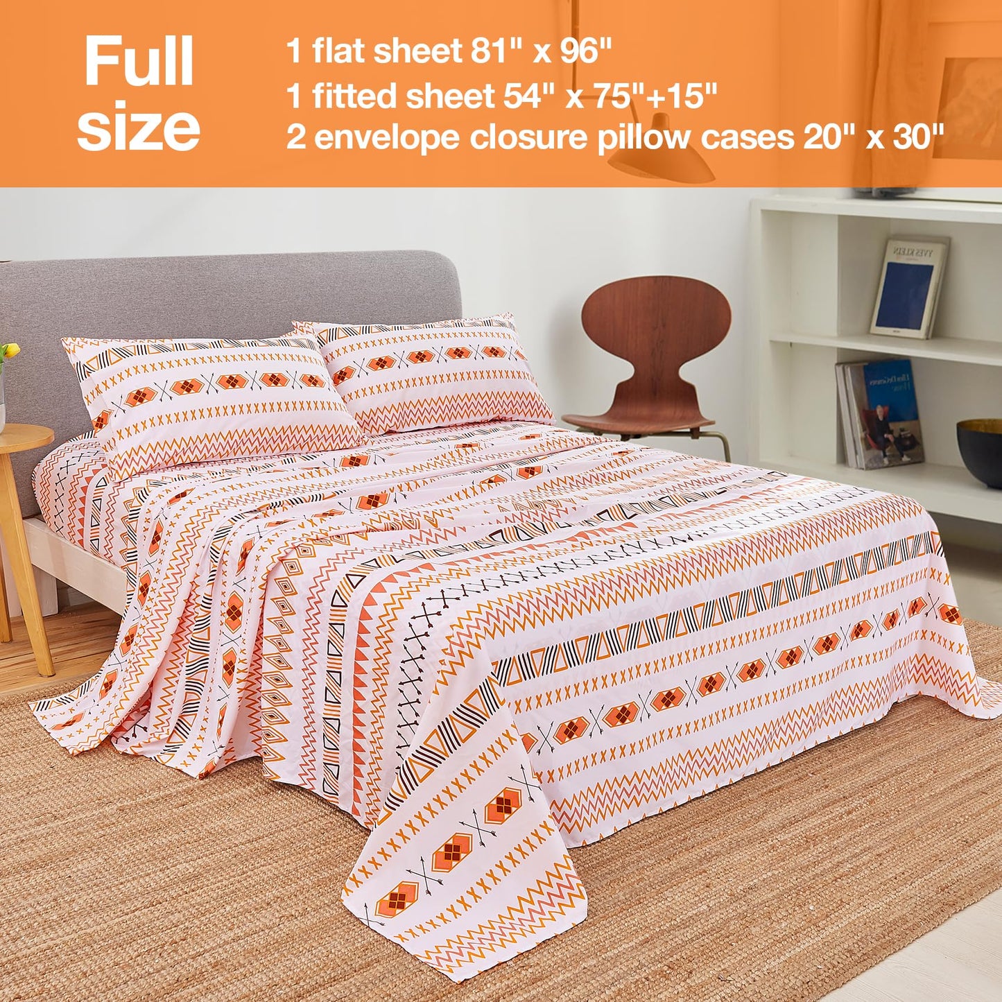JSD Orange Boho Sheet Set Full Size, Soft Geometric Printed Microfiber Sheets Extra Deep Pocket Wrinkle Free