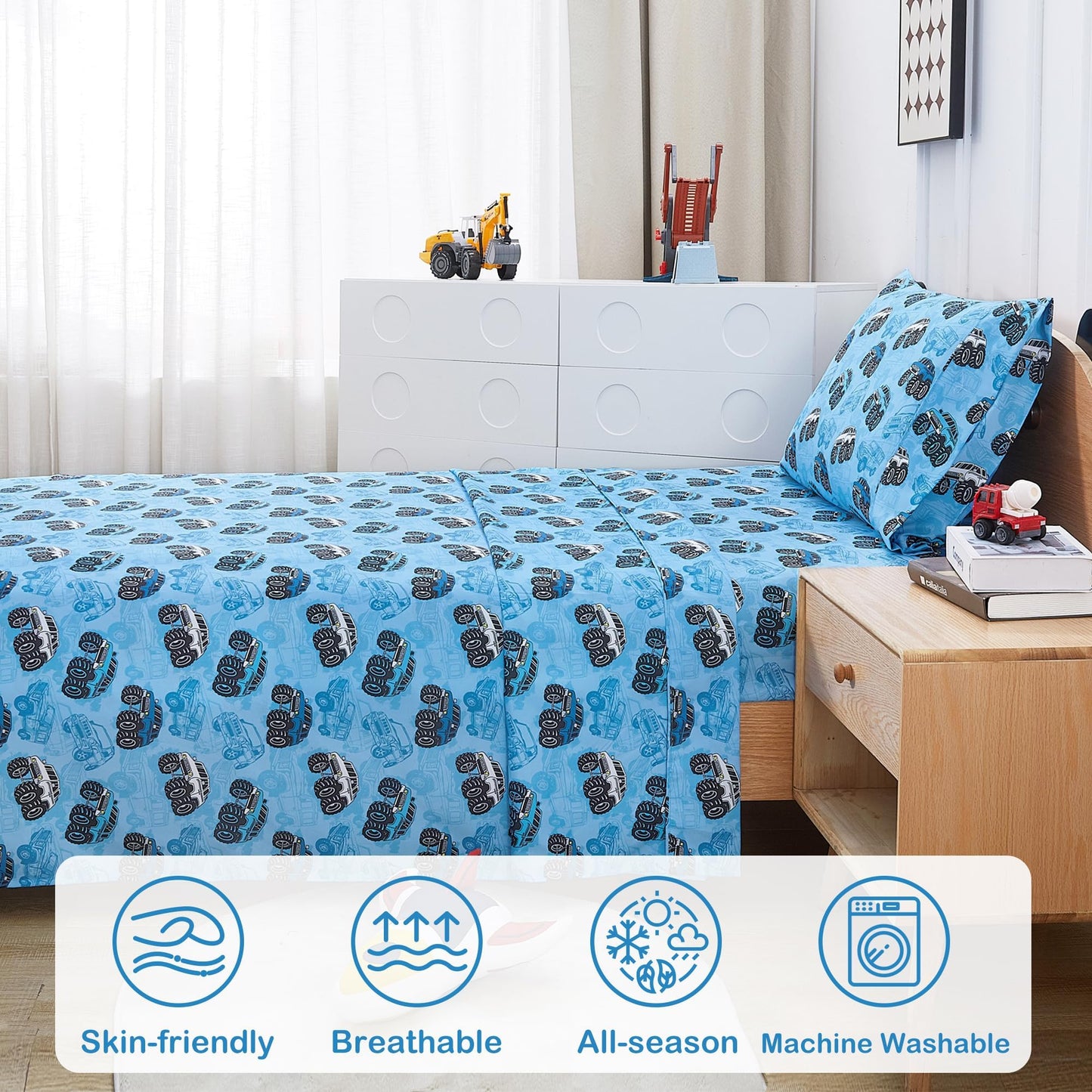 Softan Kids Bed Sheet Set, Boys Full Size Sheets, Microfiber Kids Fitted Sheet and Pillowcase, Breathable and Silky Soft, 4 Piece Jeep Trucks Printed Full Bed Sheet