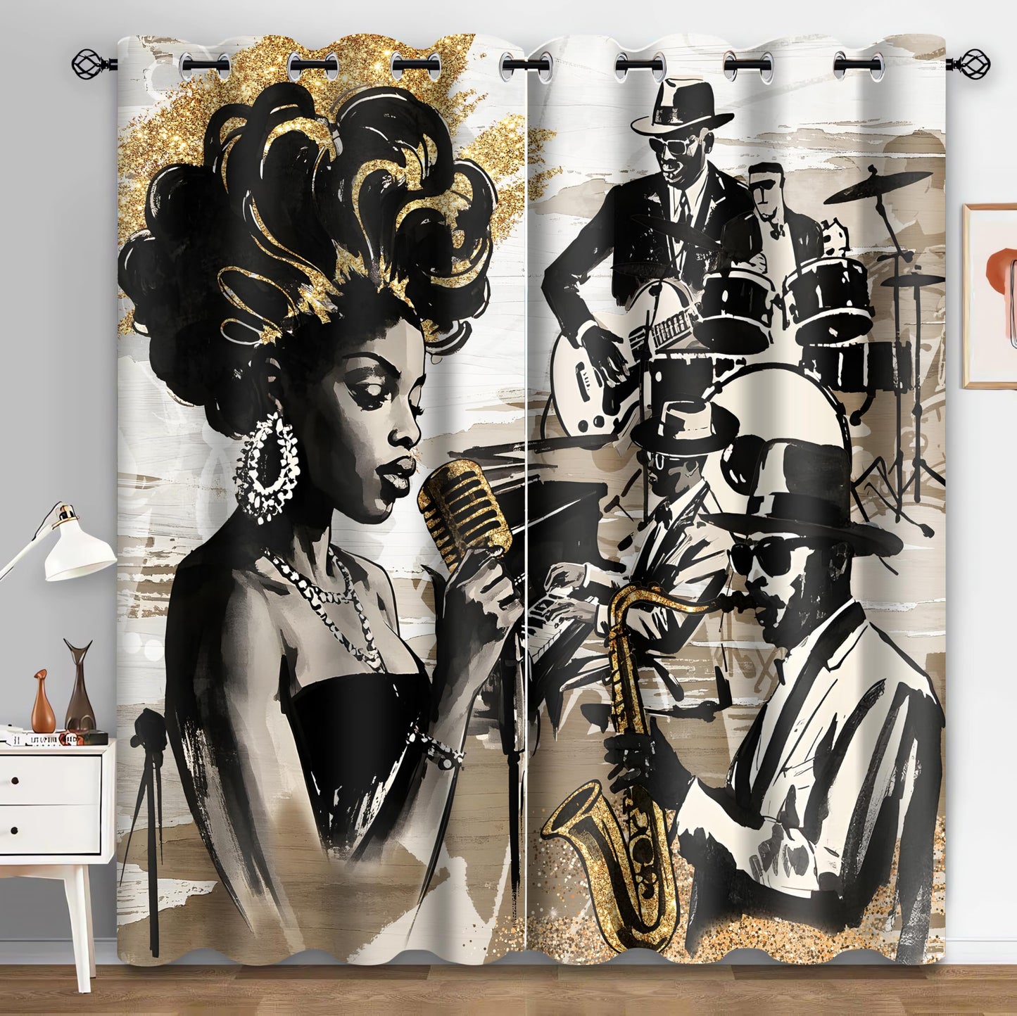 HIYSMT American Woman Jazz Music Curtains African Black Girl Singing Jazzist Band Blackout Curtain Afrocentric Black Gold Modern Art Treatments for Music Room Bedroom 4284inch 2Panel HI028DX