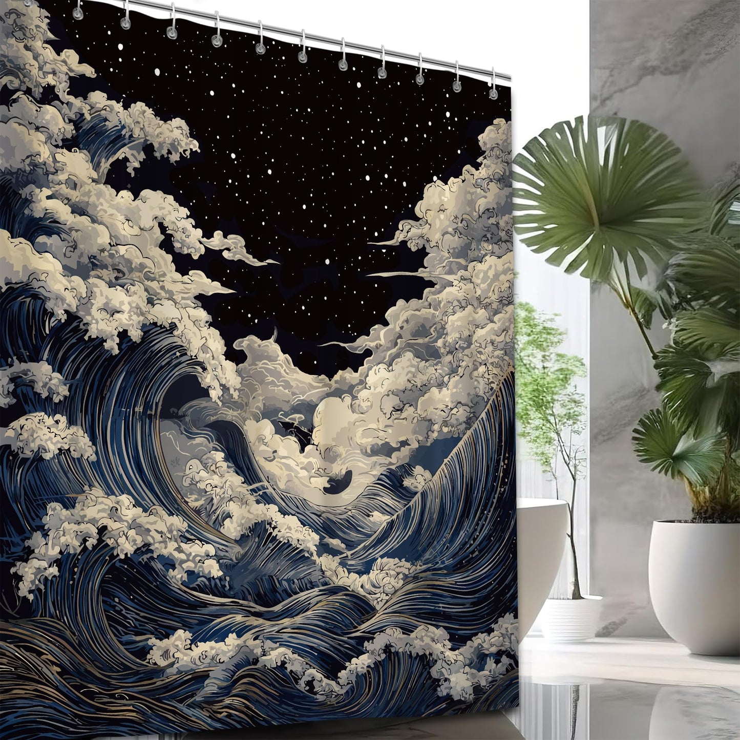 PAOPOED Anime Shower Curtain, Waterproof Fabric Bathroom Curtain with Hooks, 72 x 72 Inch, Japanese Wave Artistic Bathroom Decor