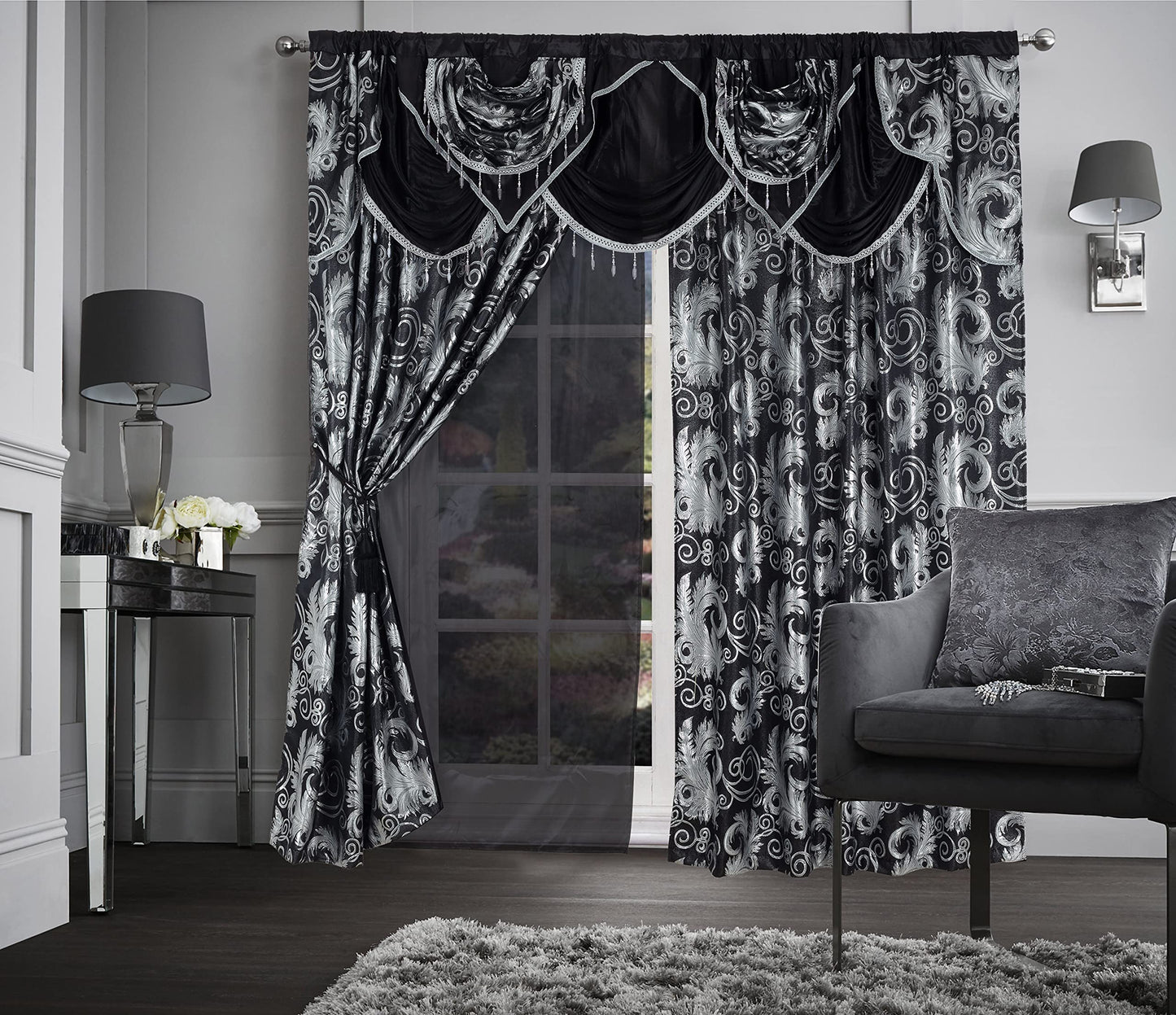 GLORY RUGS Jacquard Luxury Window 2 Panel Set Black Curtain with Attached Valance and Backing Bedroom Living Room Dining 2 Curtains 55x84 inches Each Jana