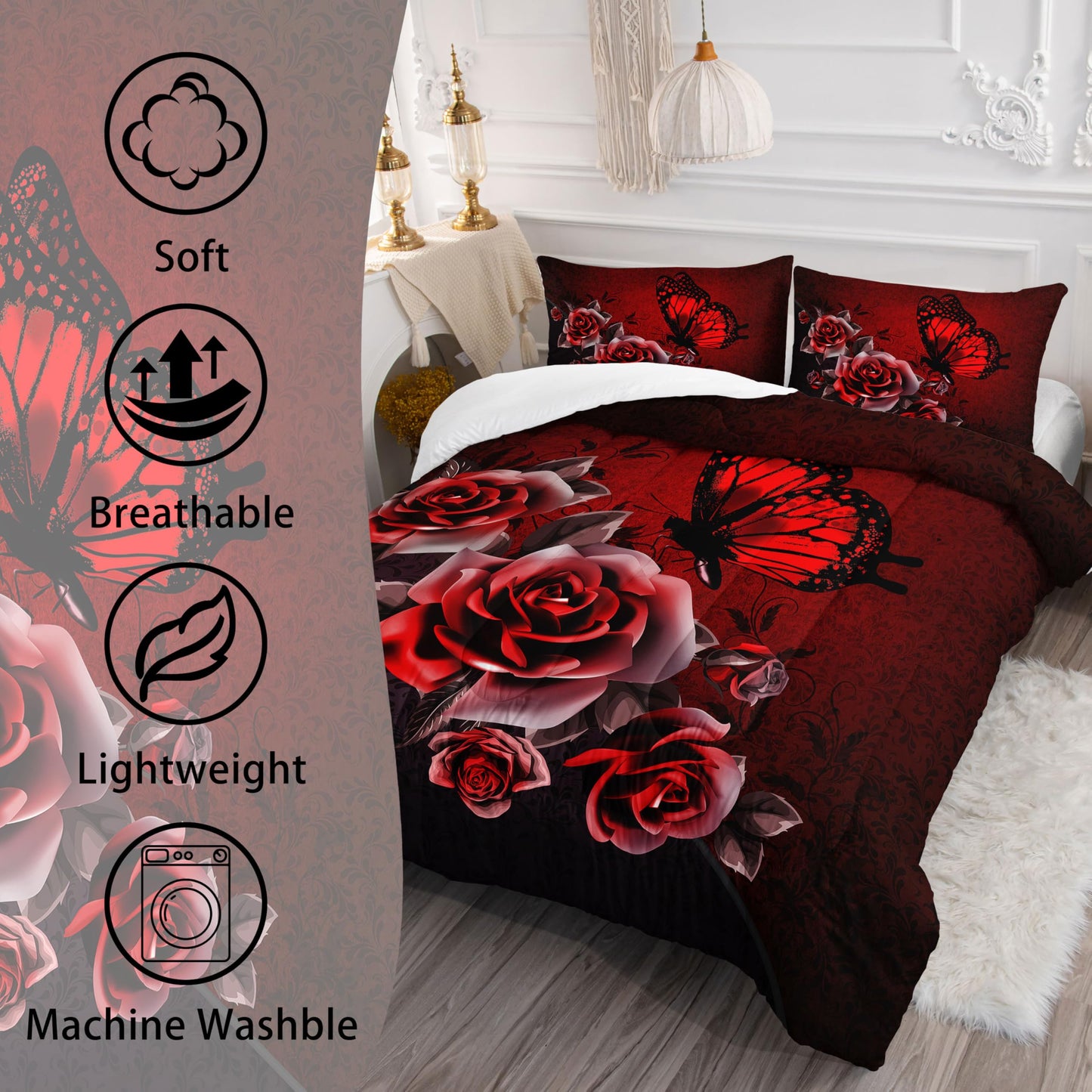 AILONEN Butterfly Comforter Set Queen Size, Red Rose Butterfly 3D Print Style Bedding Set for Teens Girls Women,Butterfly Art Pattern Soft Lightweight Duvet Set 3 Pieces(1 Comforter + 2 Pillowcases)