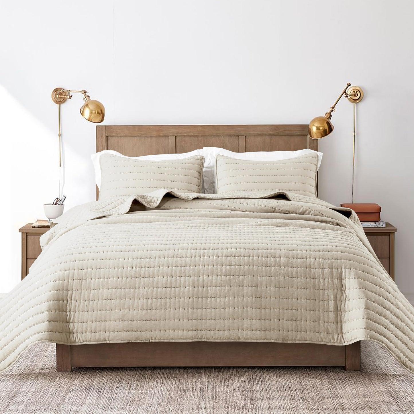 ROARINGWILD Neutral Beige King Size Quilt Bedding Sets with 2 Pillow Shams, Lightweight Soft Bedspread Coverlet, Quilted Blanket Thin Comforter Bed Cover for All Season, 3 Pieces, 104x90 inches