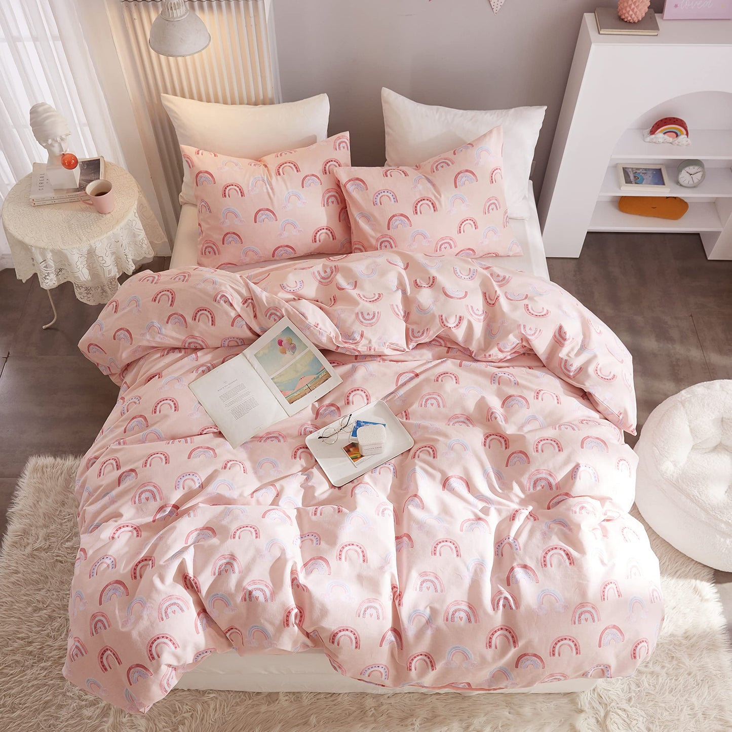Ivellow Queen Duvet Cover Set 100% Cotton Rainbow Pink Kids Duvet Cover for Girls Cute Kawaii Bedding Set 3 Pcs Ultra Soft Breathable Toddler Teen Duvet Cover Patterned Cartoon Comforter Cover Bed Set