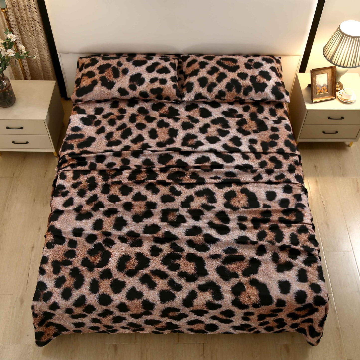 SDY 4 Pieces Queen Size Cheetah Print Bed Sheets - Soft Microfiber, NOT Velvet, Faux Fur Look Leopard Sheets with 14" Deep Pocket, 1 Fitted Sheet + 1 Flat Sheet + 2 Pillowcases for Adult