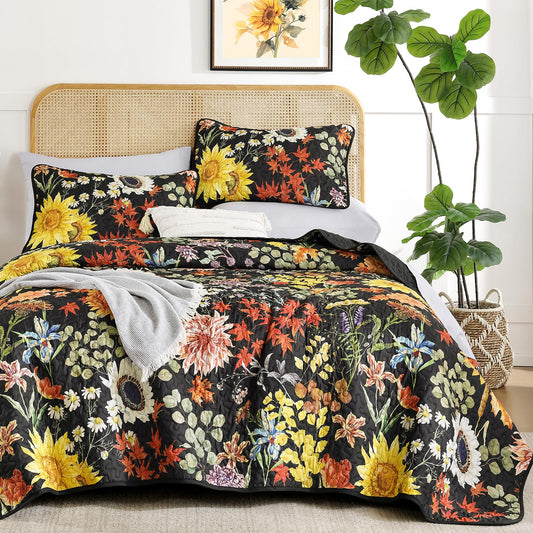 Yiran Quilt King Size, Black Yellow Floral Bedspreads Bedding Set, 3 Pieces Spring Summer Soft Lightweight Microfiber Coverlet with 2 Pillow Shams for All Season 106x90 Inch